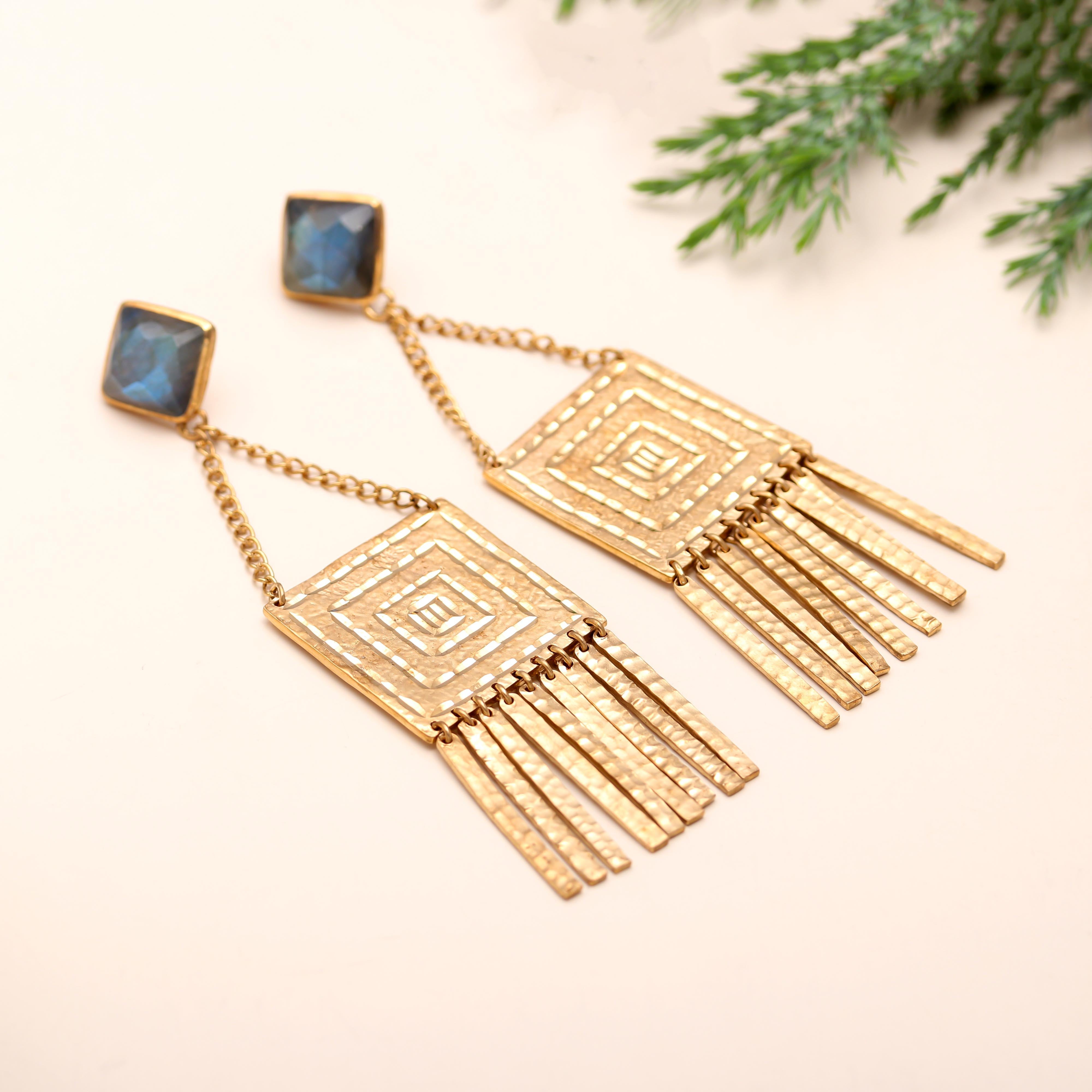 The Aztec Horizon: Gold Geometric Fringe Earrings