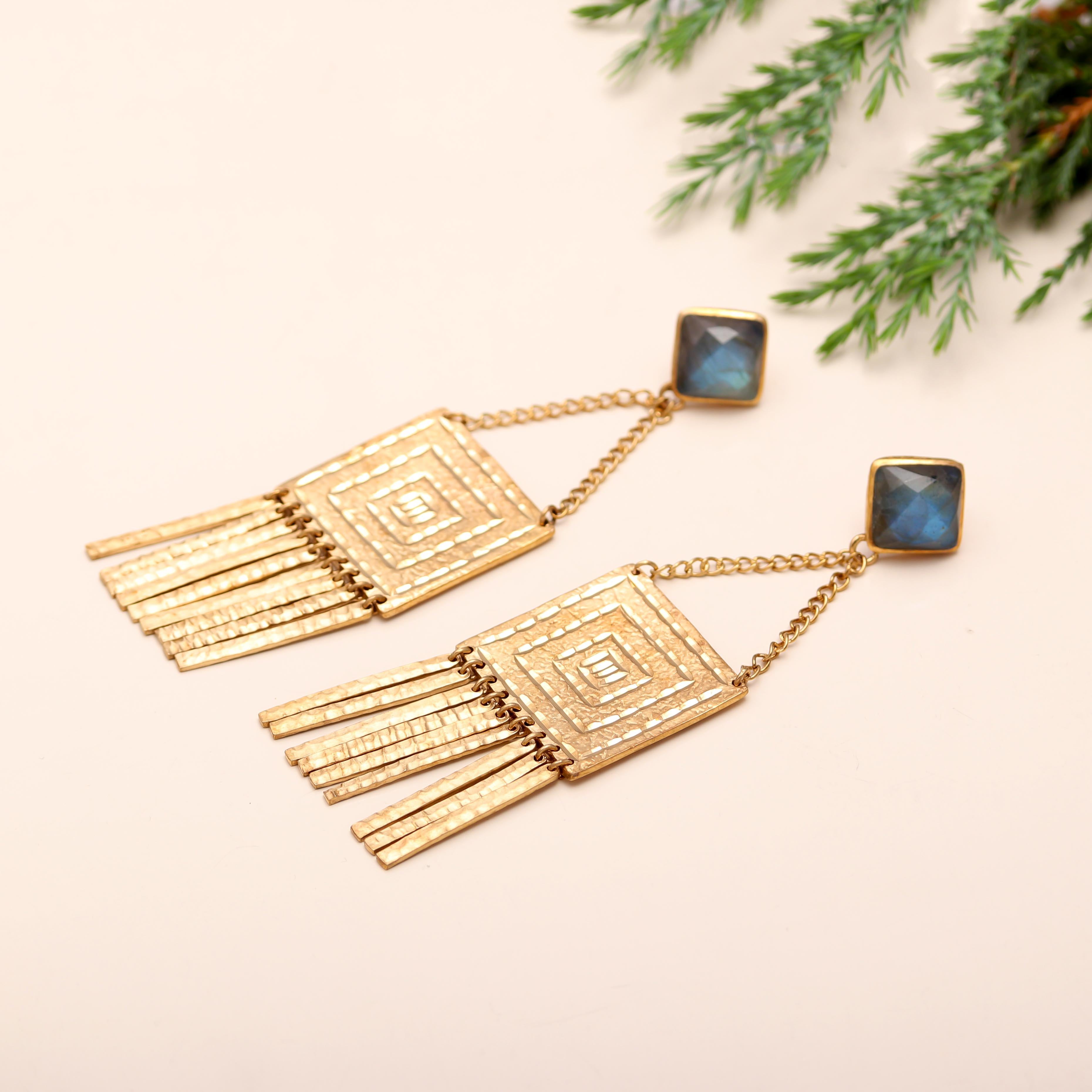The Aztec Horizon: Gold Geometric Fringe Earrings