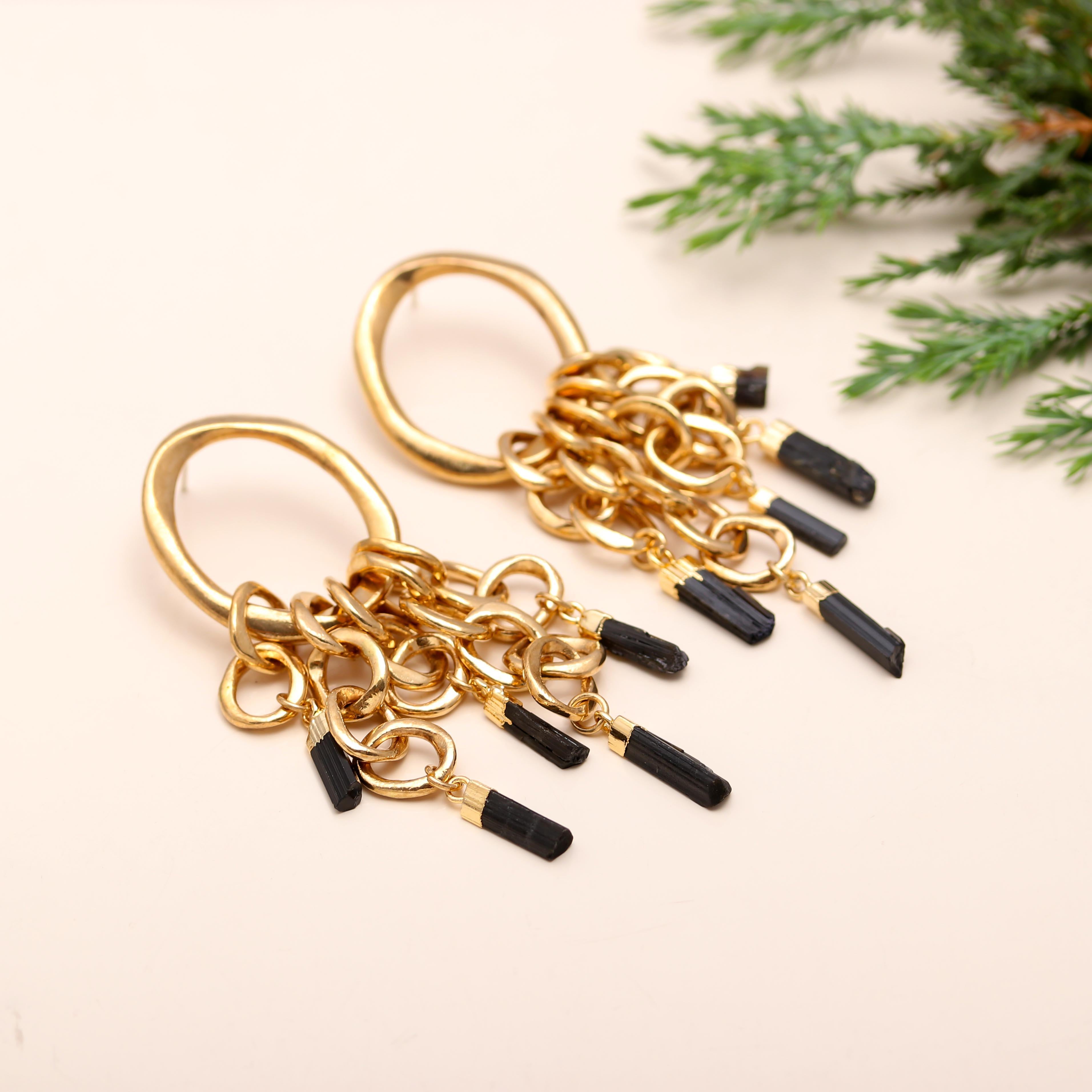 925 Silver Black Tourmaline Chain Drop Earrings