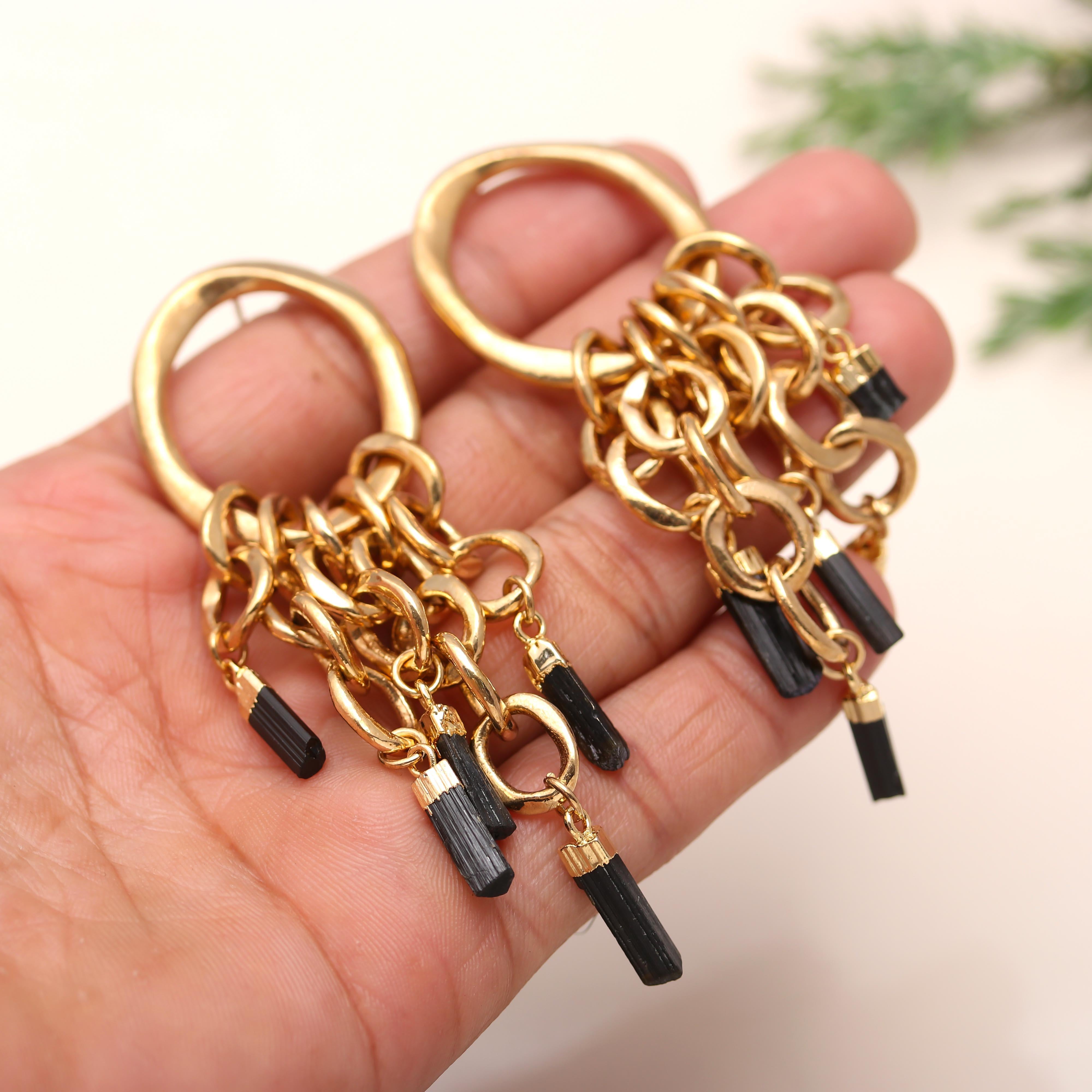 Oval Black Tourmaline Stud Earrings in Brass Handmade