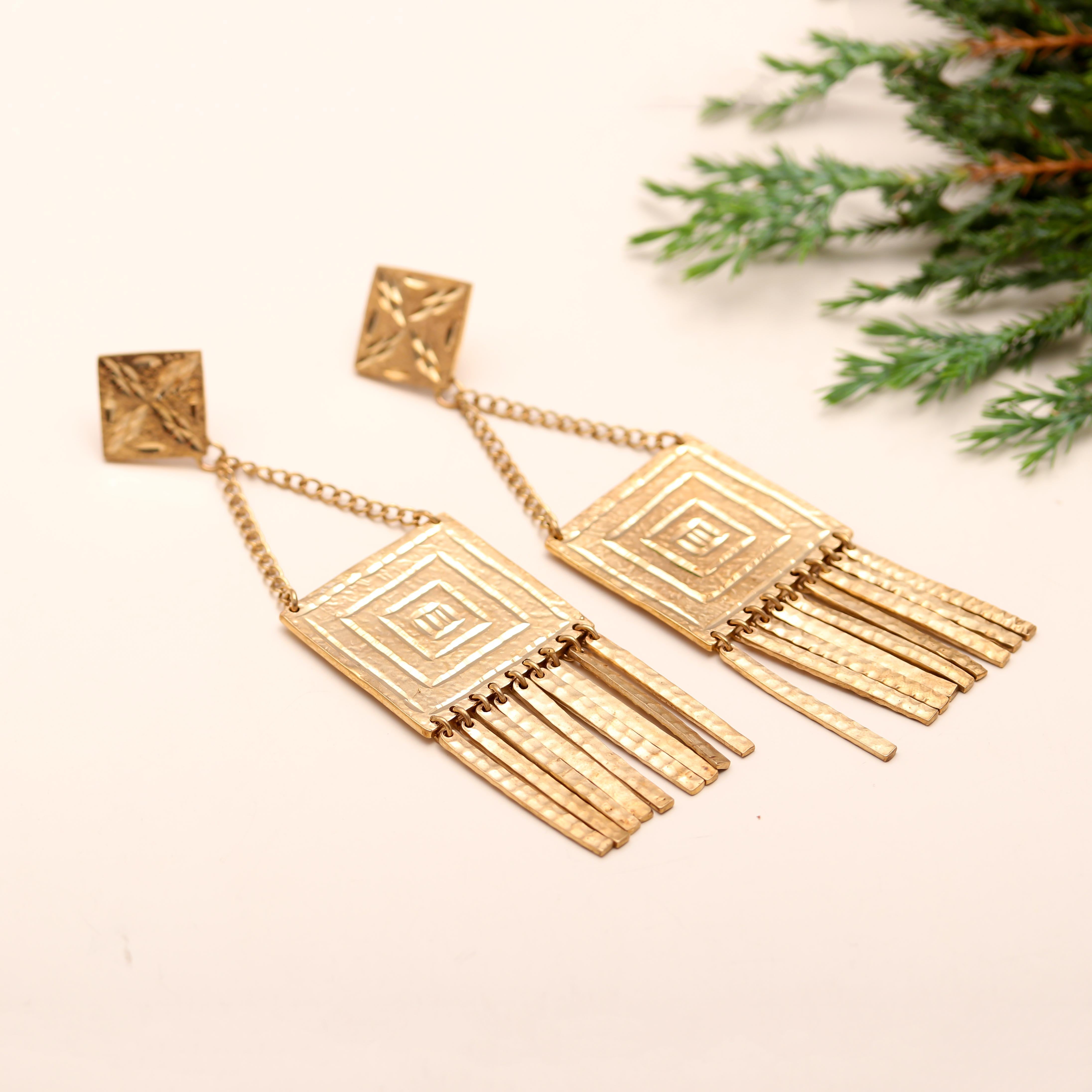 The Golden Temple: Geometric Square Fringe Earrings