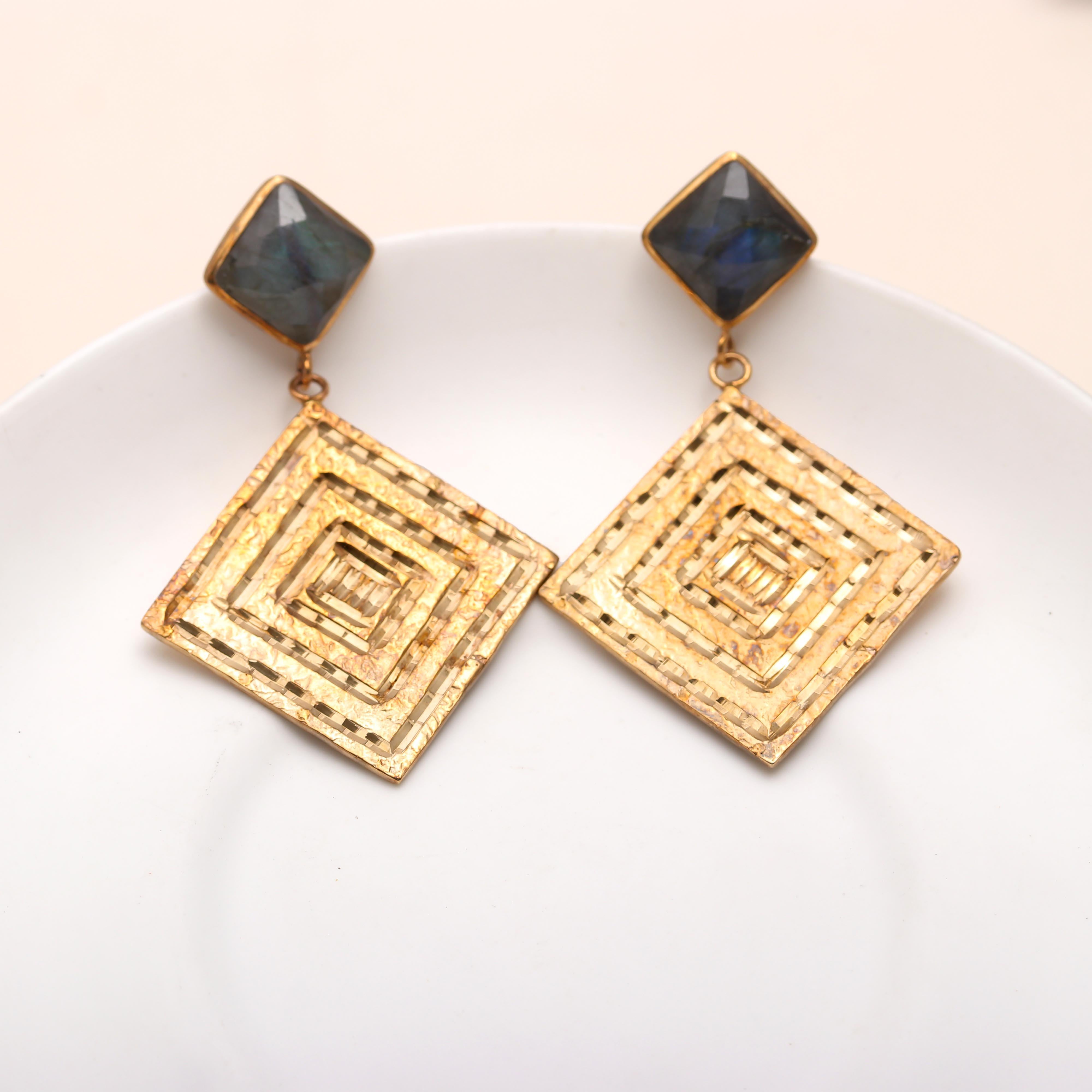The Aztec Maze: Gold Geometric Square Earrings