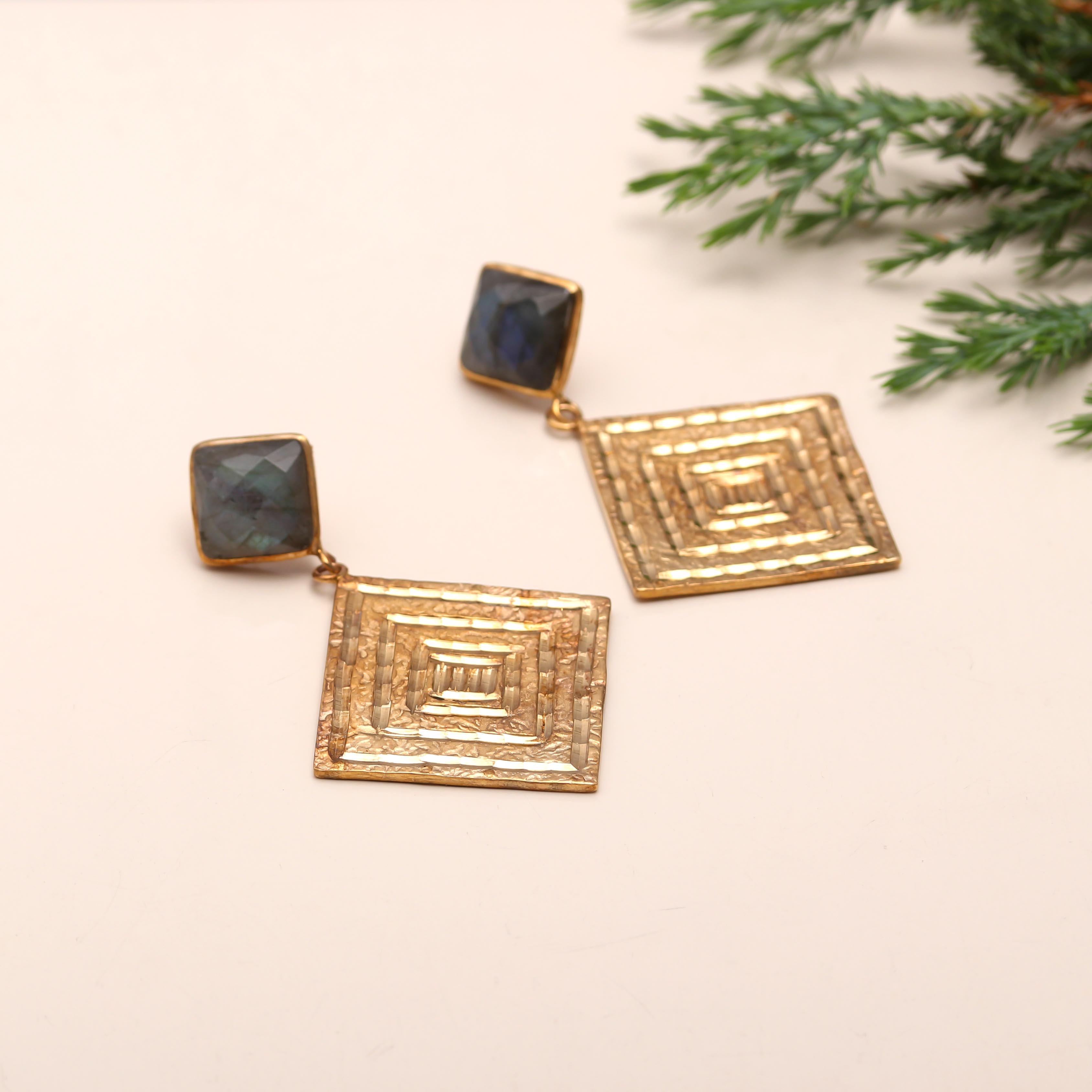 The Aztec Maze: Gold Geometric Square Earrings