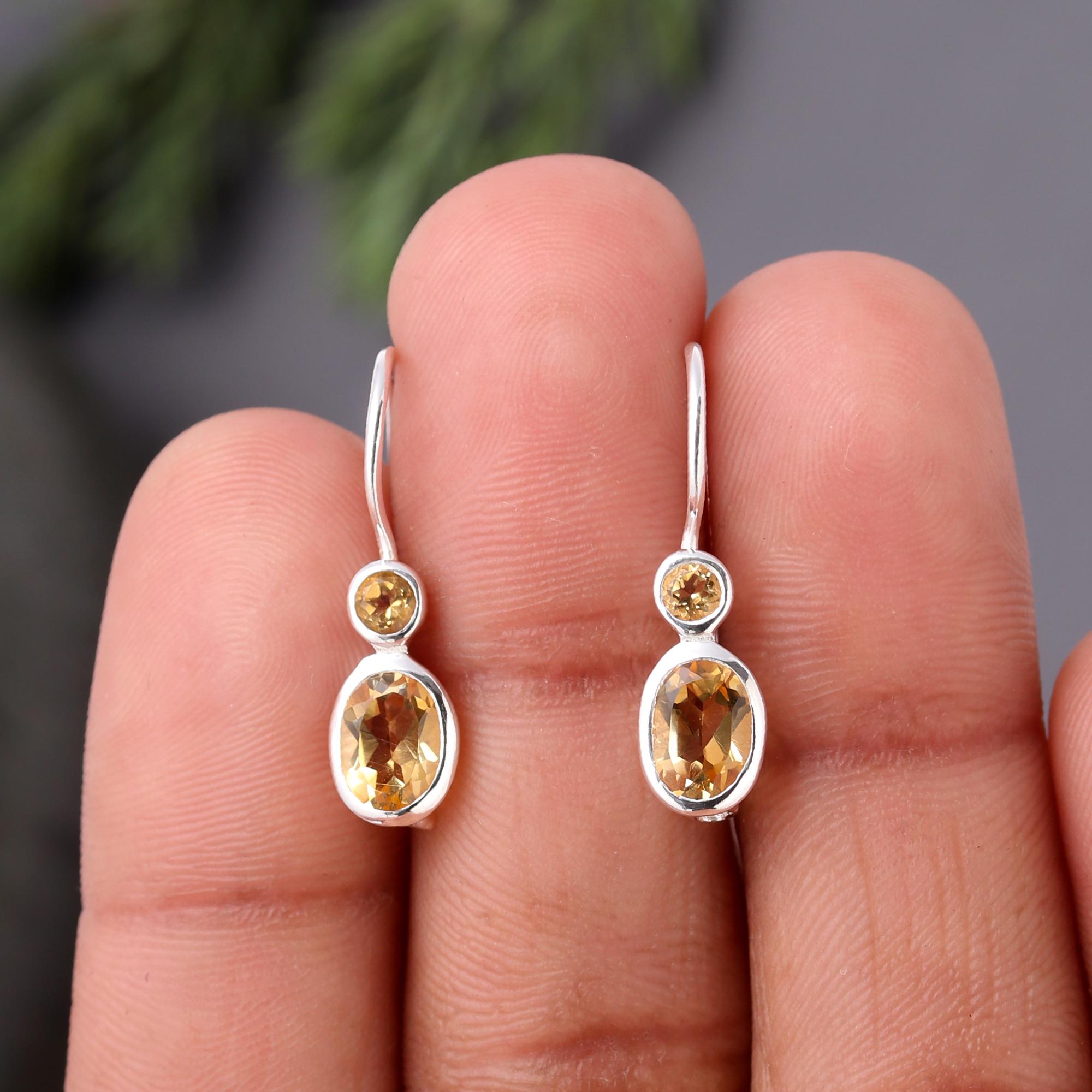 925 Silver Oval Cut Citrine Dangle Earrings