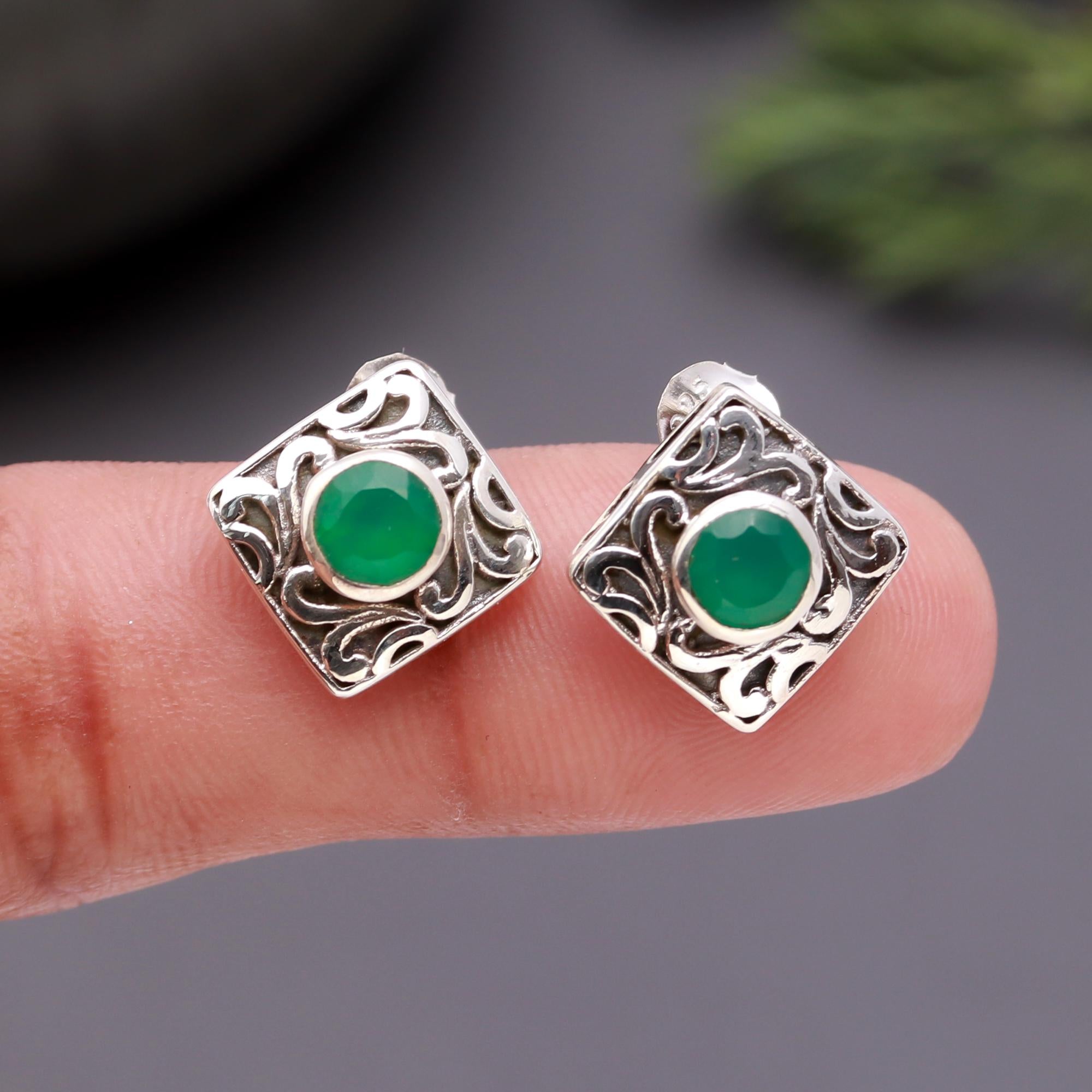 925 Silver Green Onyx Stud Earrings