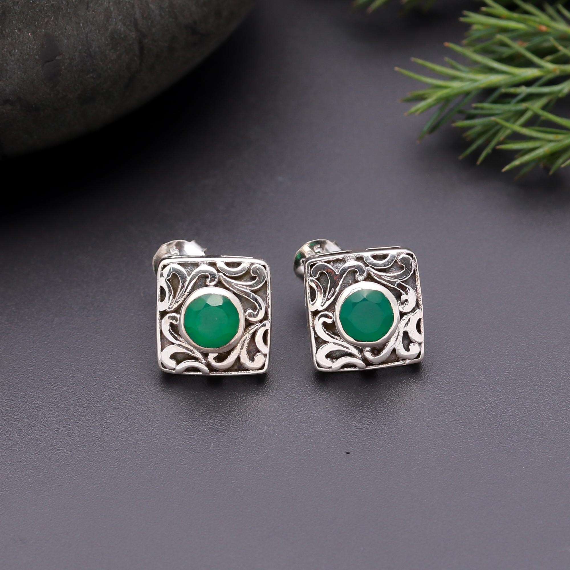 925 Silver Green Onyx Stud Earrings
