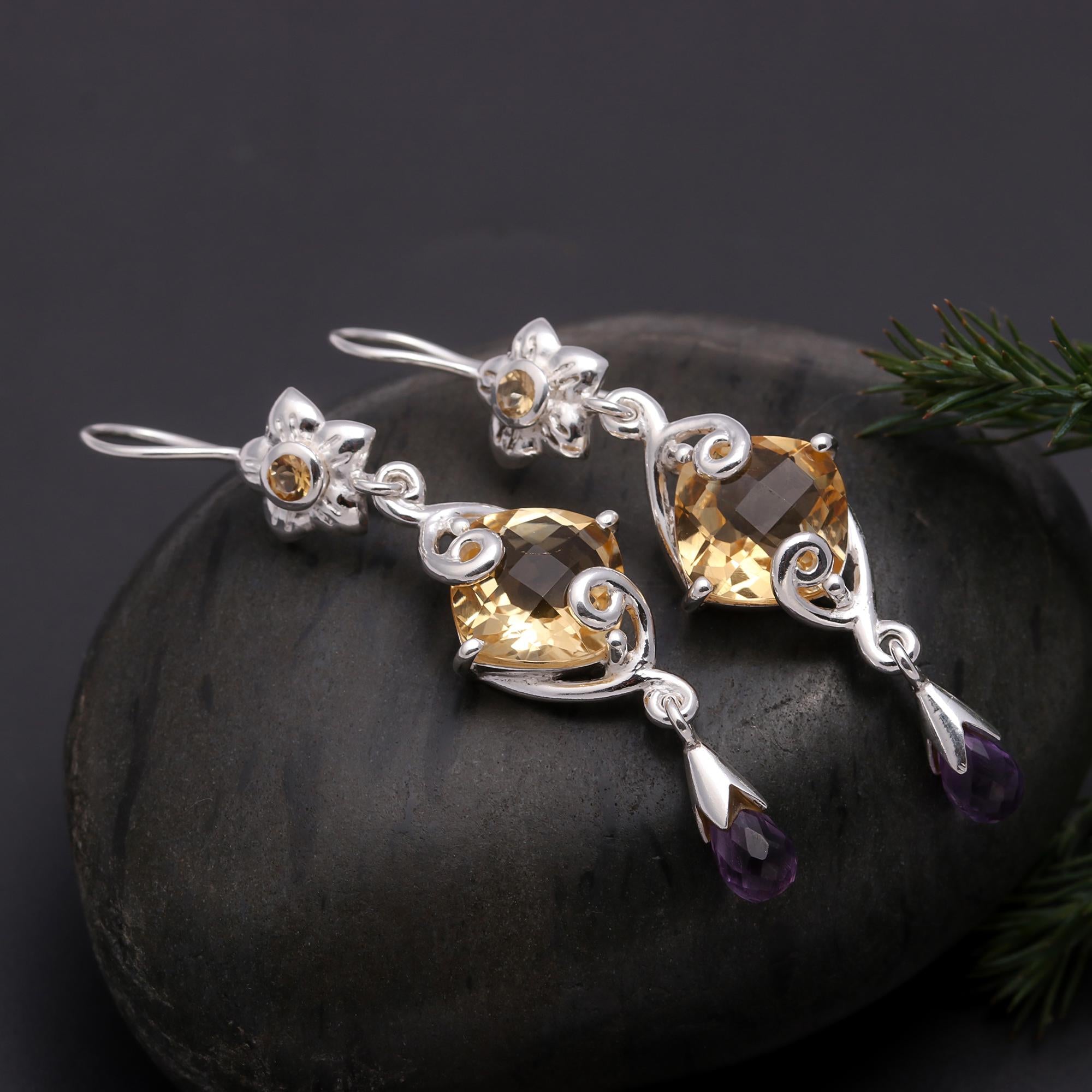 925 Silver Citrine and Amethyst Floral Dangle Earrings