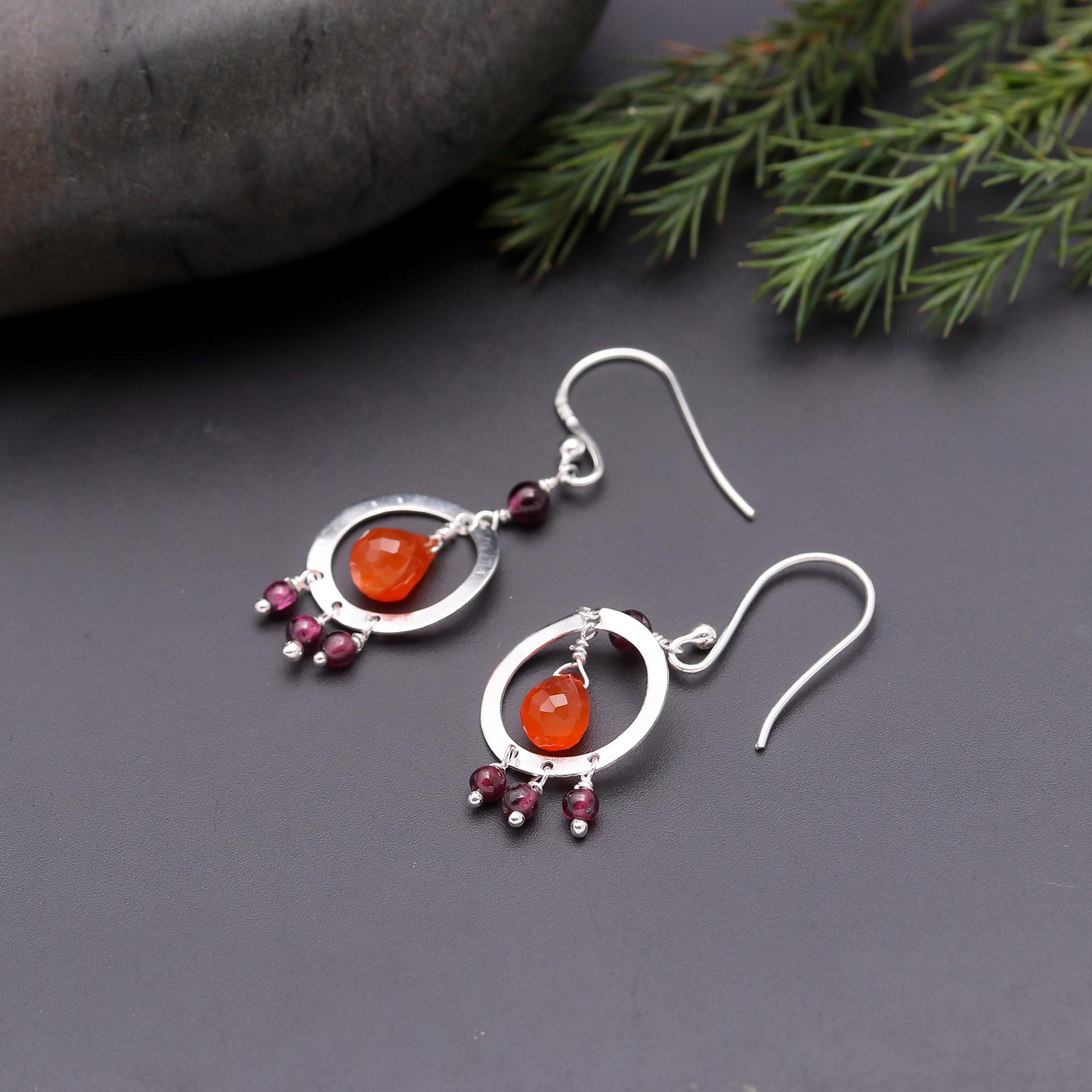 925 Silver Carnelian and Garnet Dangle Earrings