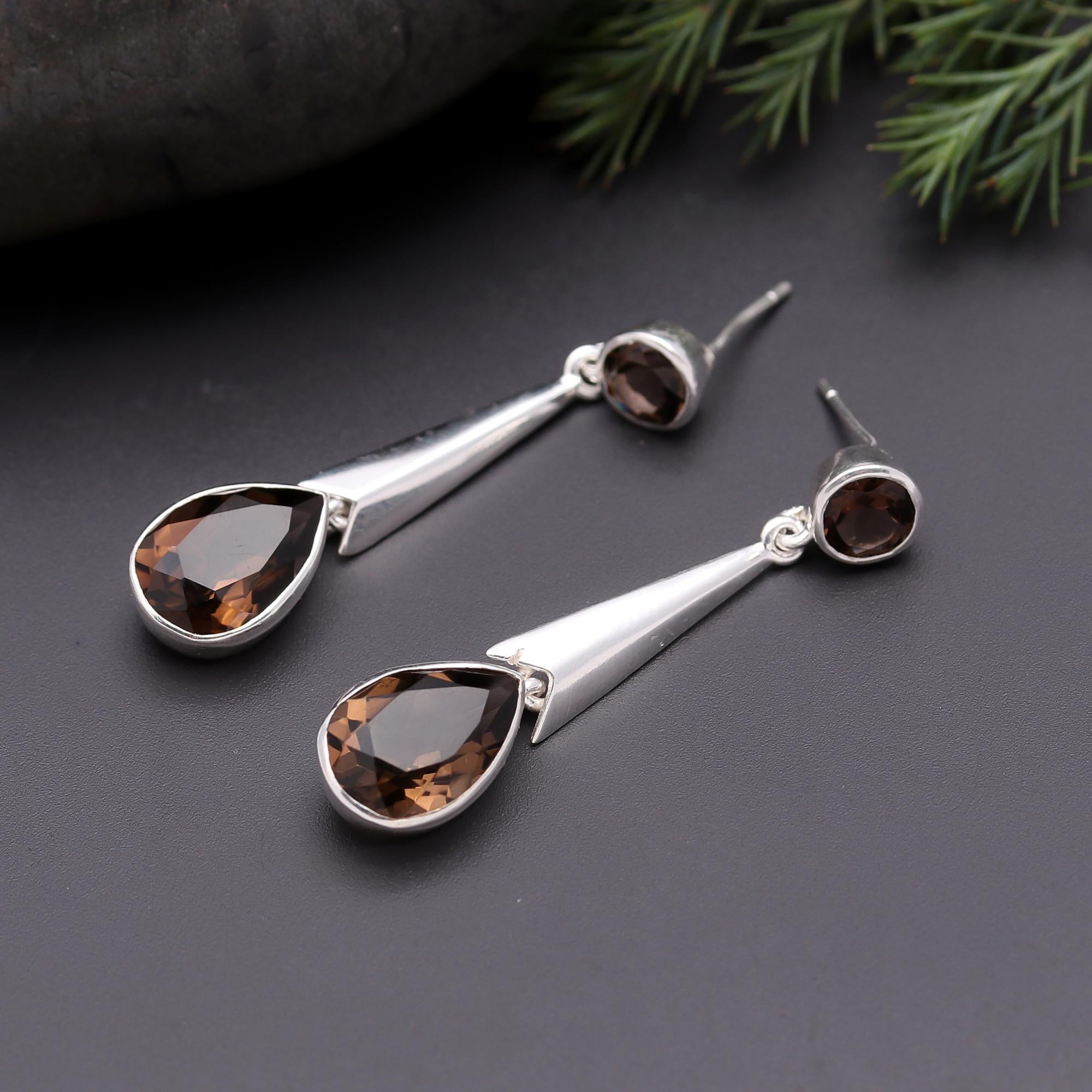 925 Silver Smoky Quartz Drop Earrings