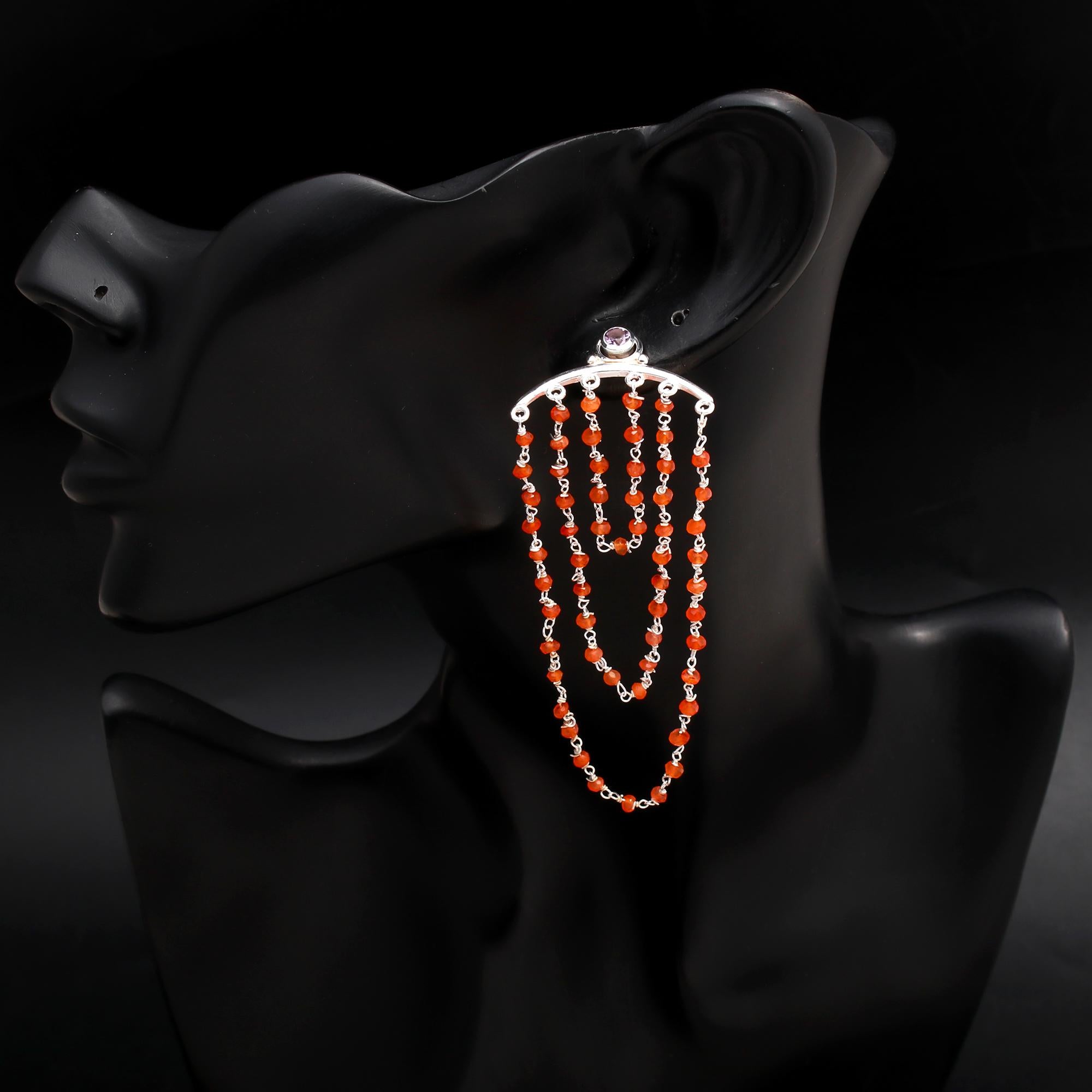 925 Silver Carnelian Beaded Chain Dangle Earrings