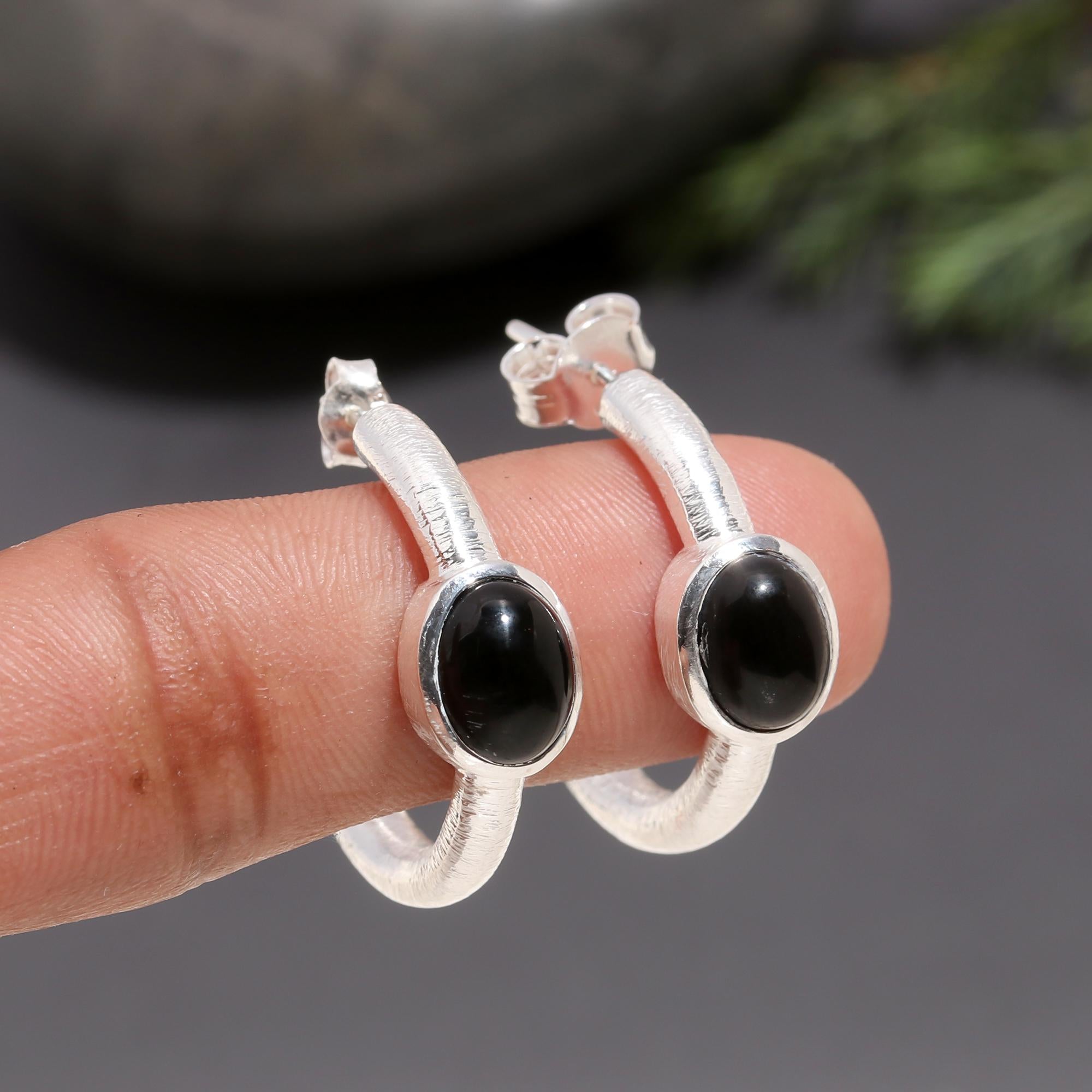 925 Silver Textured Hoop Black Onyx Stud Earrings
