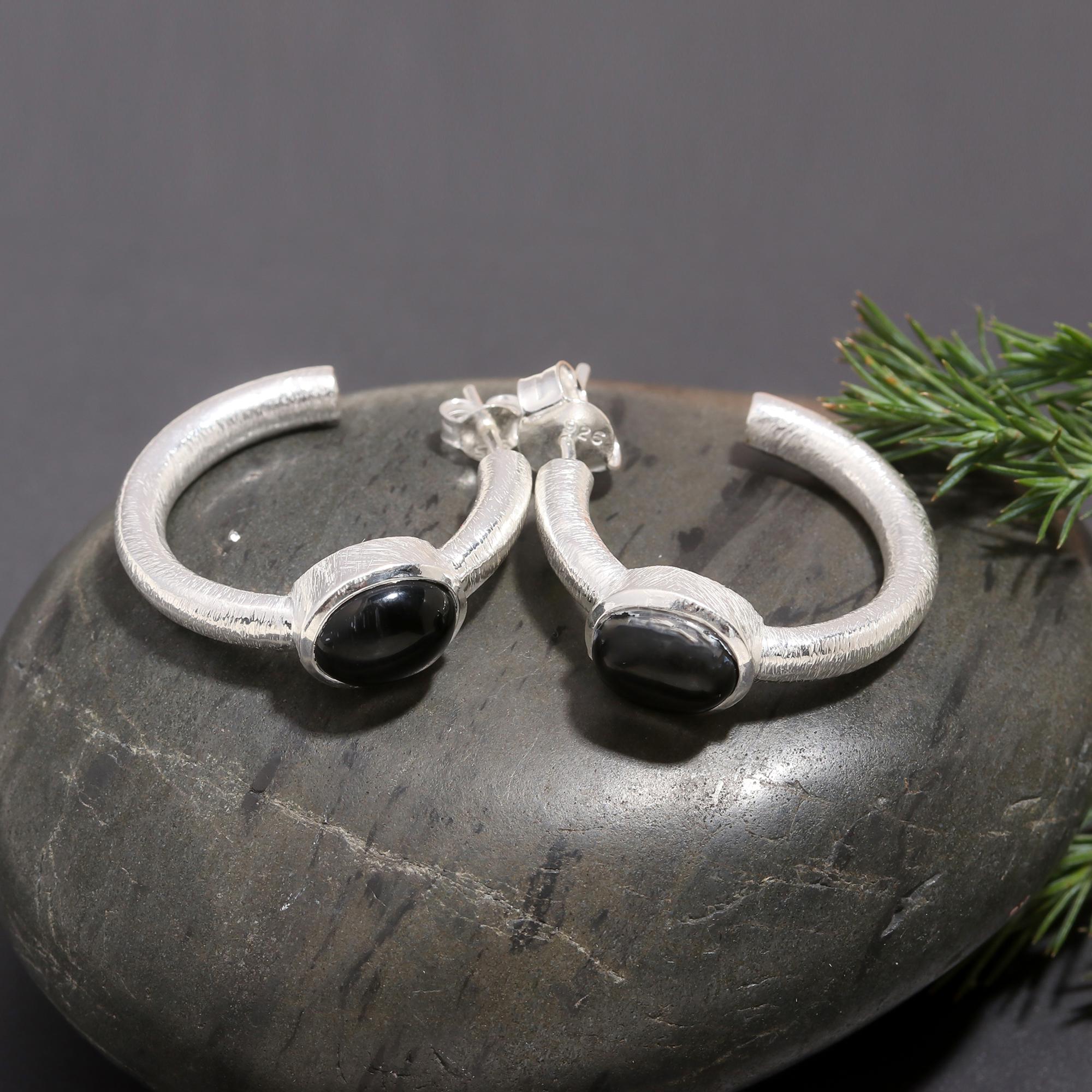 925 Silver Textured Hoop Black Onyx Stud Earrings