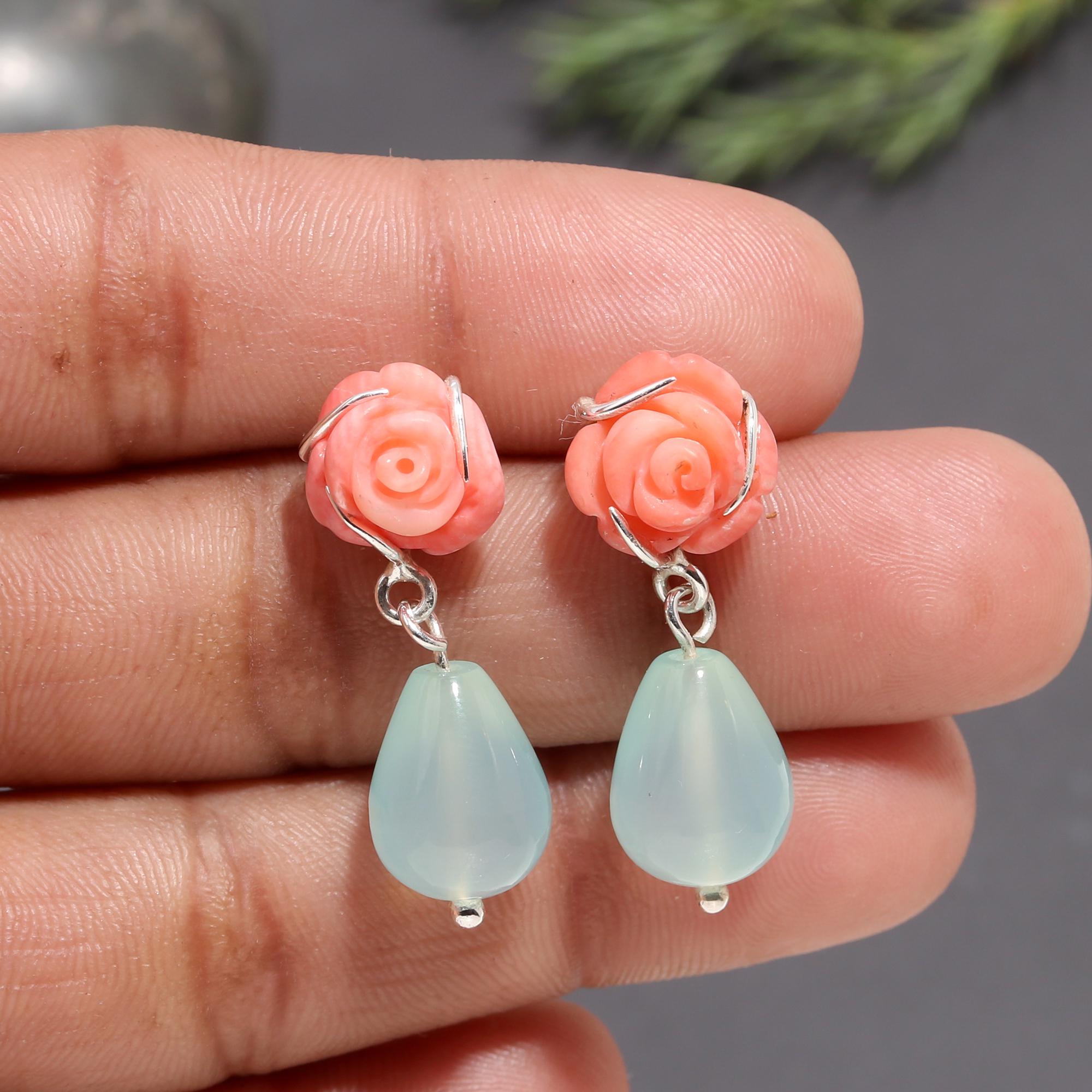 925 Silver Coral Rose and Aqua Chalcedony Drop Earrings