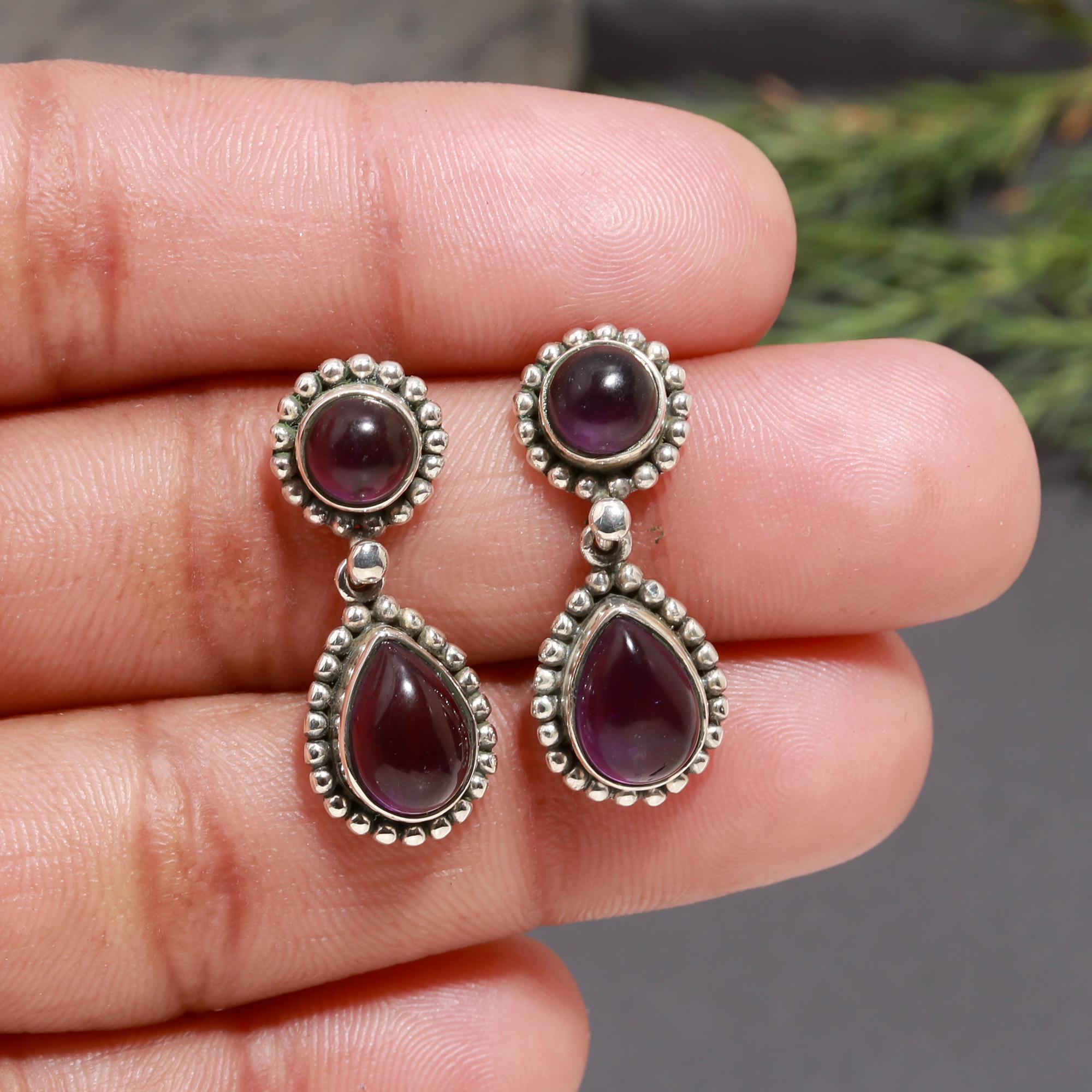 925 Silver Amethyst Beaded Dangle Earrings
