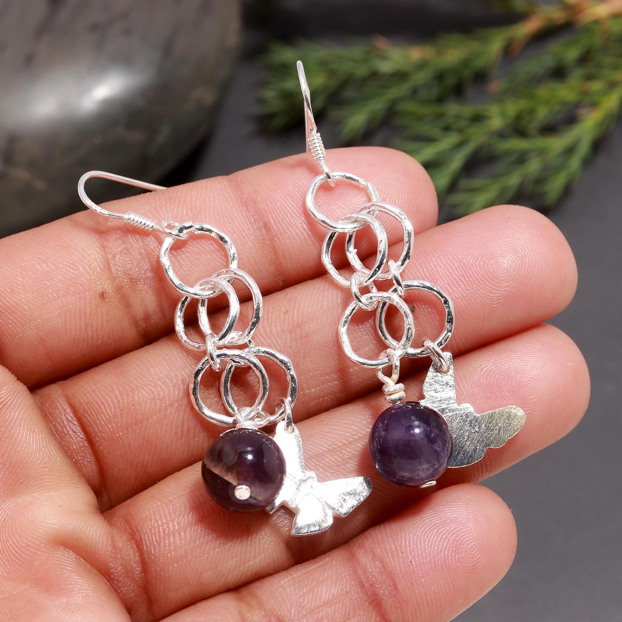 925 Silver Amethyst Bead Dangle Earrings