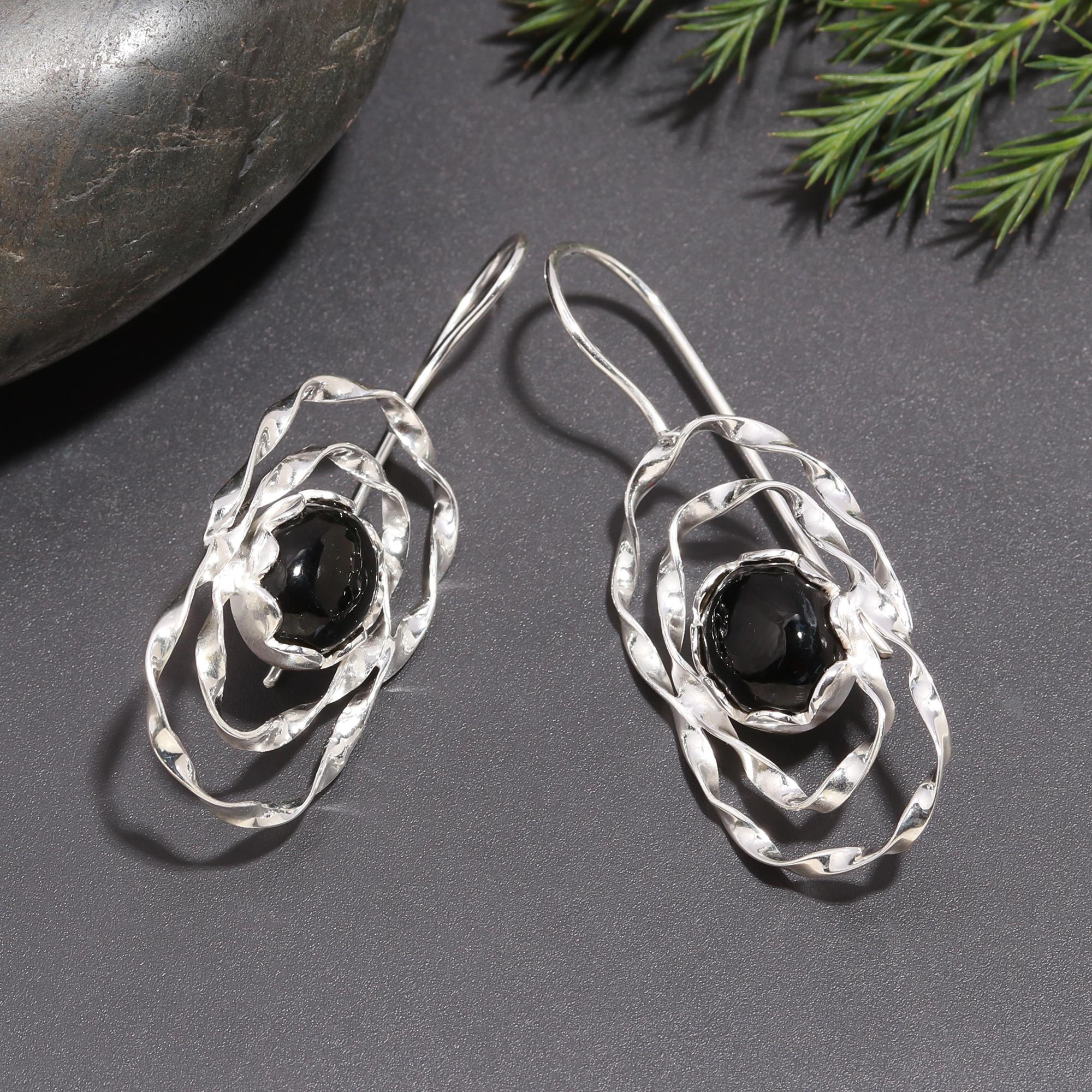925 Silver Textured Black Onyx Dangle Earrings