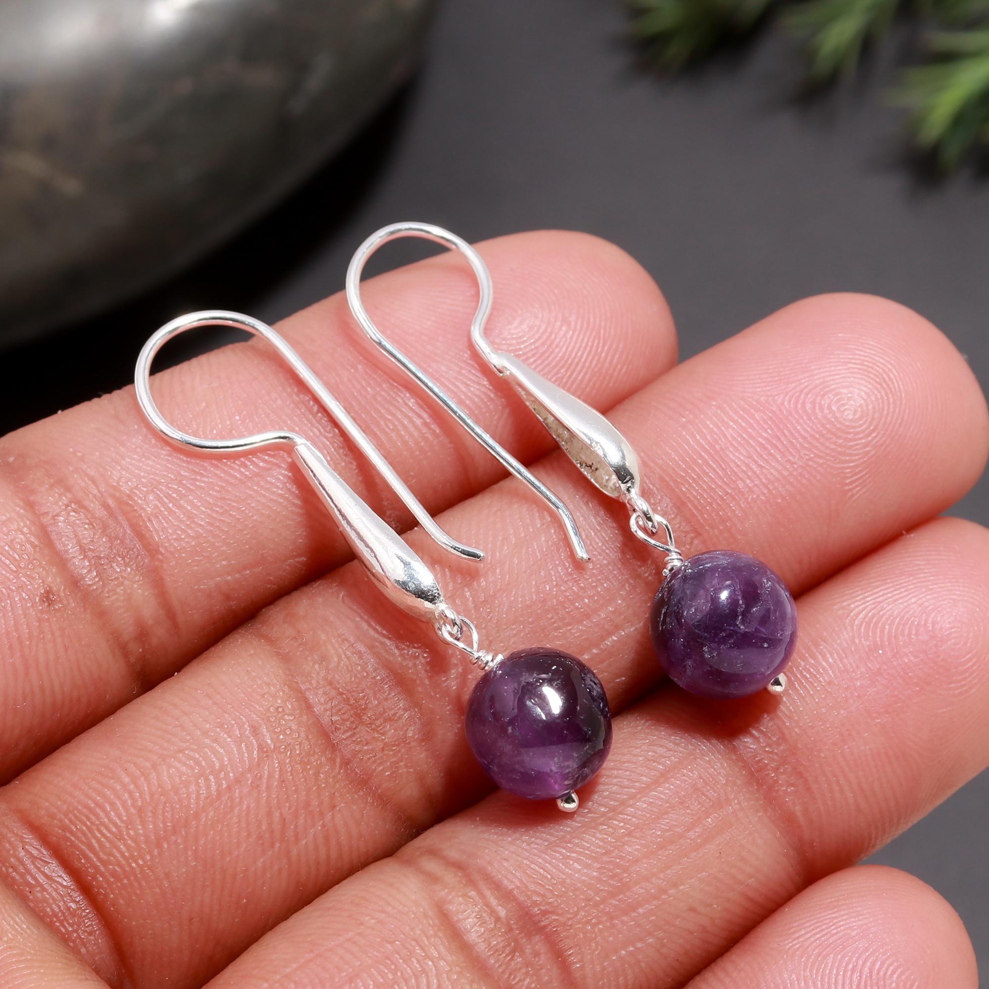 925 Silver Amethyst Round Beads Dangle Earrings