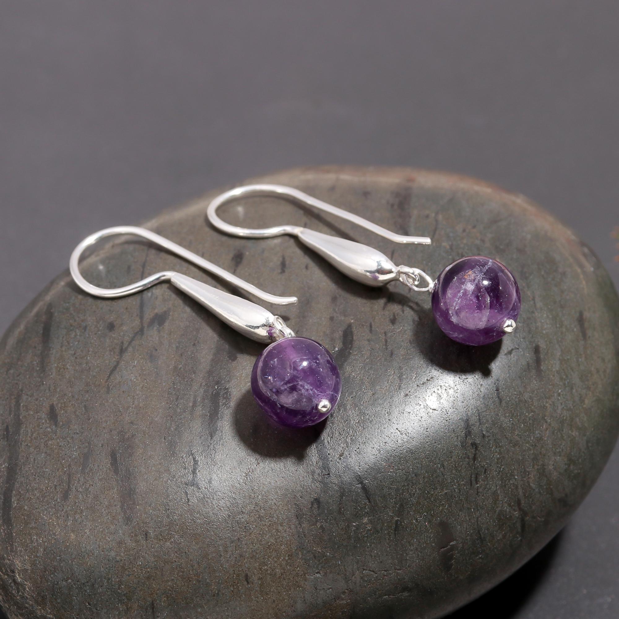 925 Silver Amethyst Round Beads Dangle Earrings