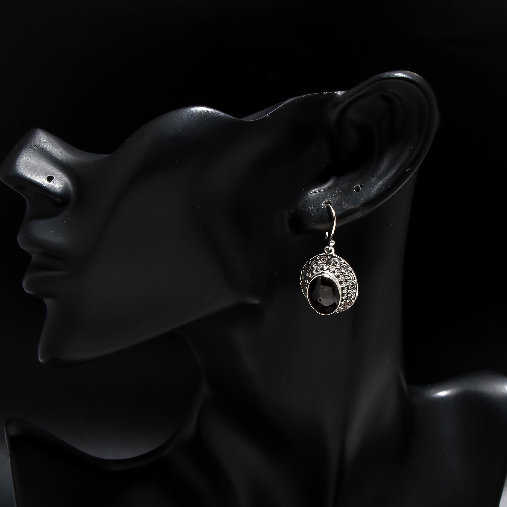 925 Silver Garnet Filigree Dangle Earrings