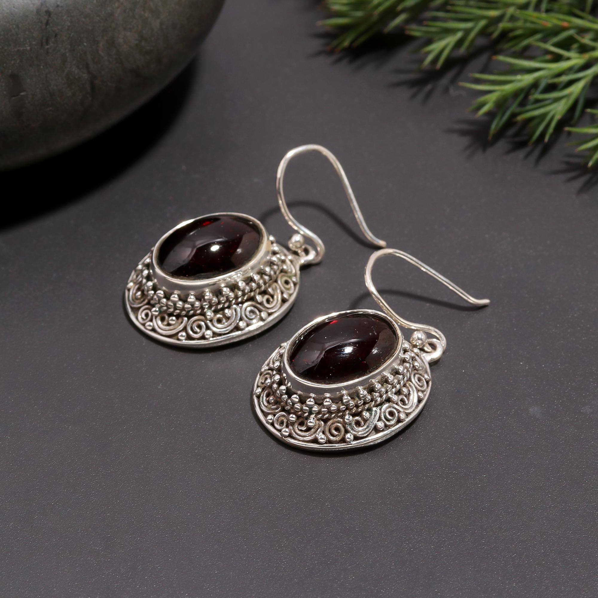 925 Silver Garnet Filigree Dangle Earrings