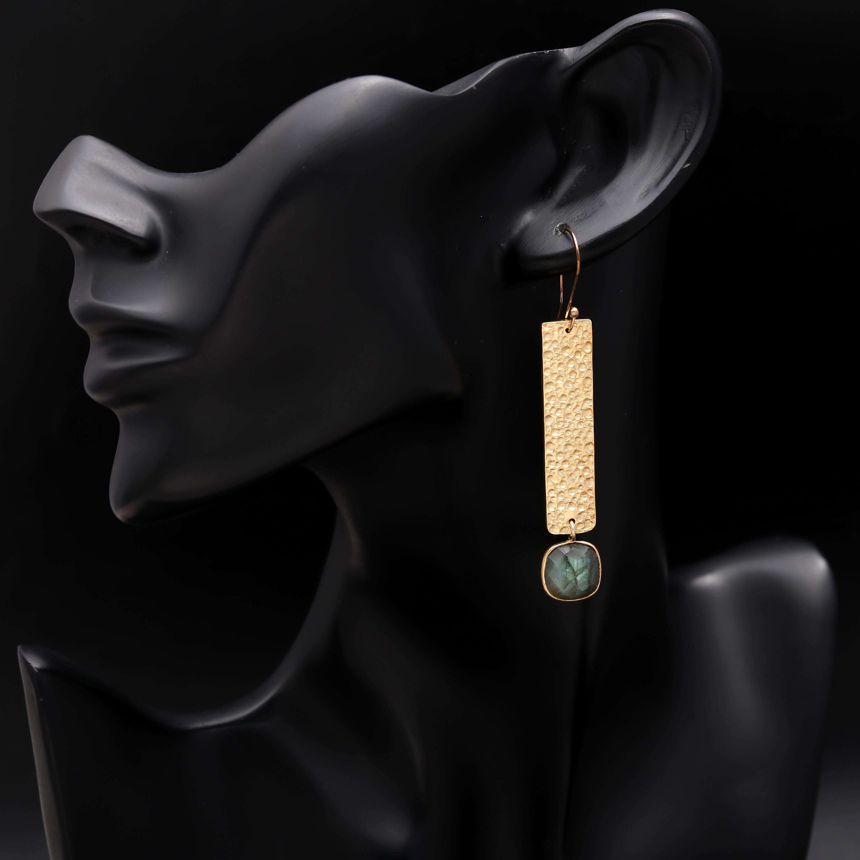 Brass Labradorite Dangle Earrings with Diamond Hammered Texture