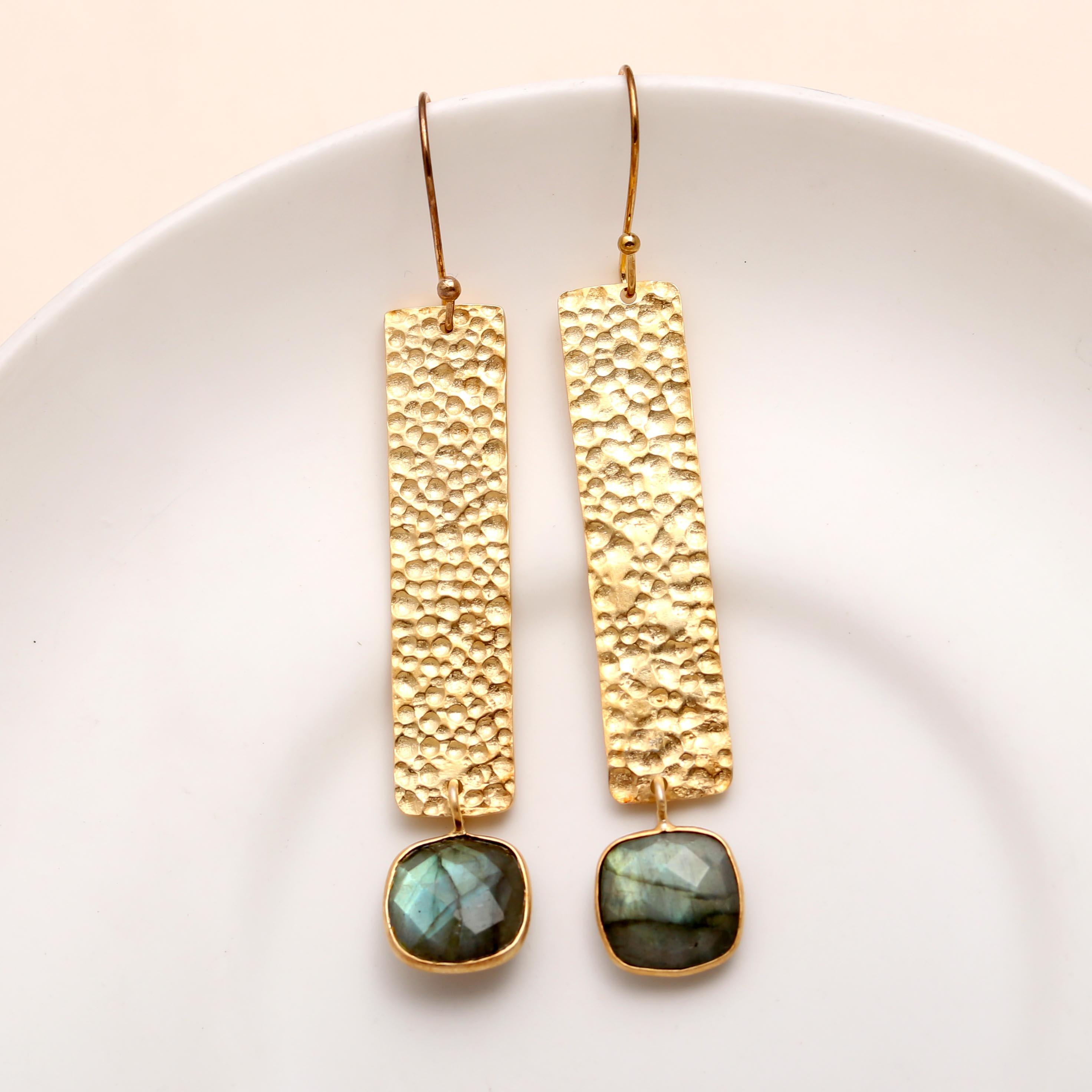 The Golden Pillar: Labradorite & Hammered Bar Earrings