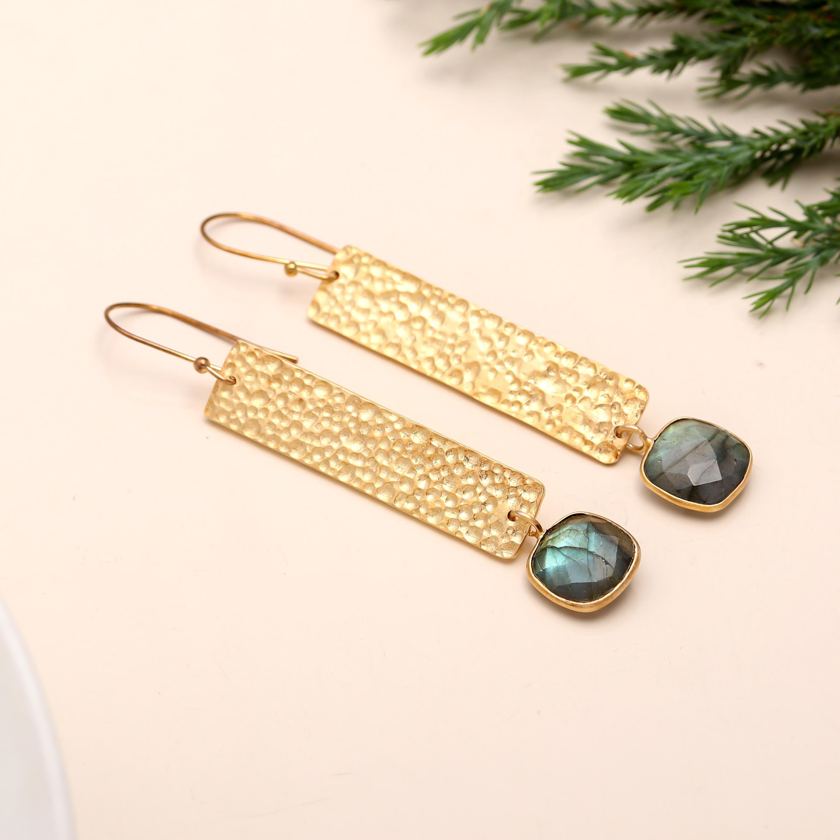 The Golden Pillar: Labradorite & Hammered Bar Earrings