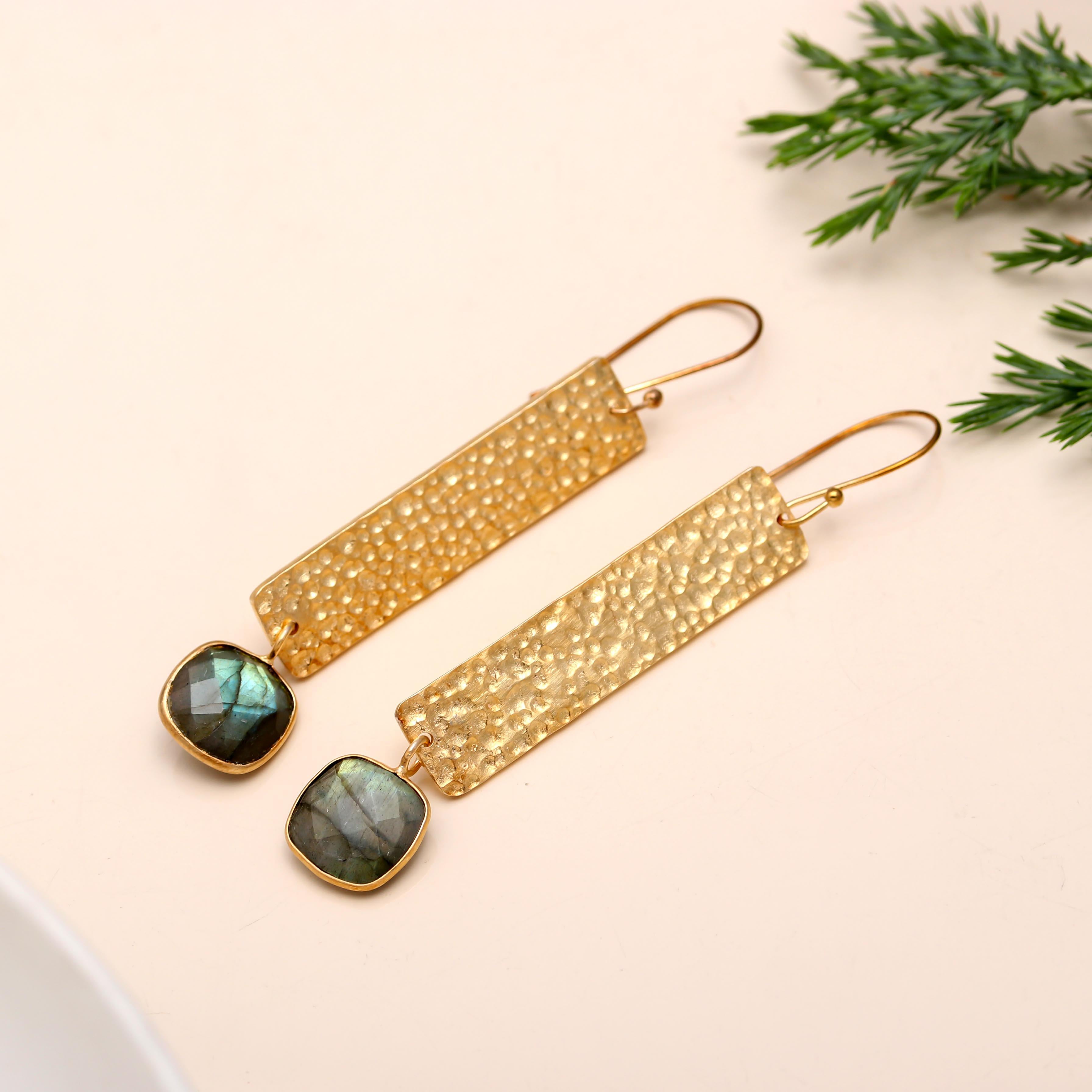 Brass Labradorite Dangle Earrings with Diamond Hammered Texture