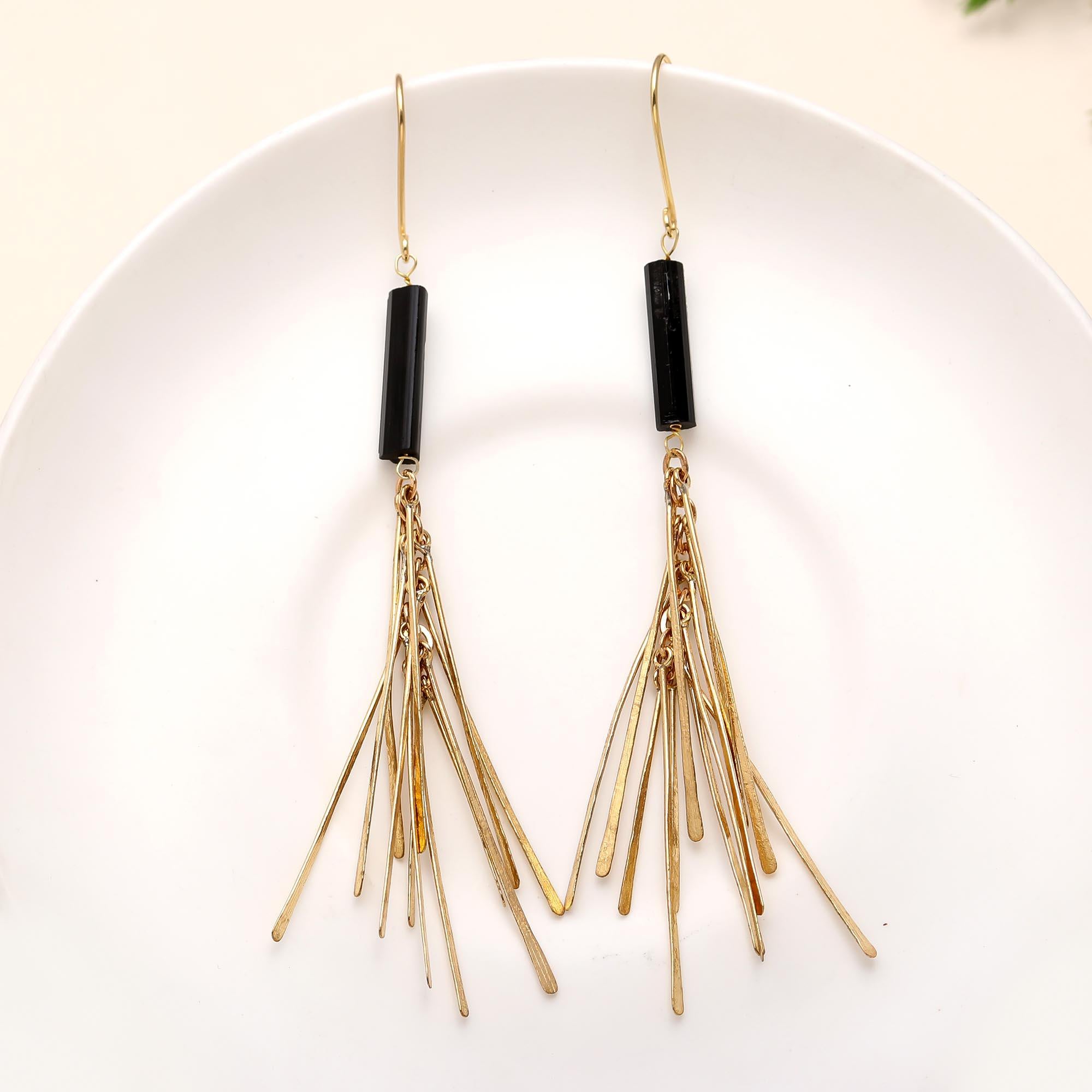 The Midnight Ray: Black Onyx & Gold Fringe Earrings
