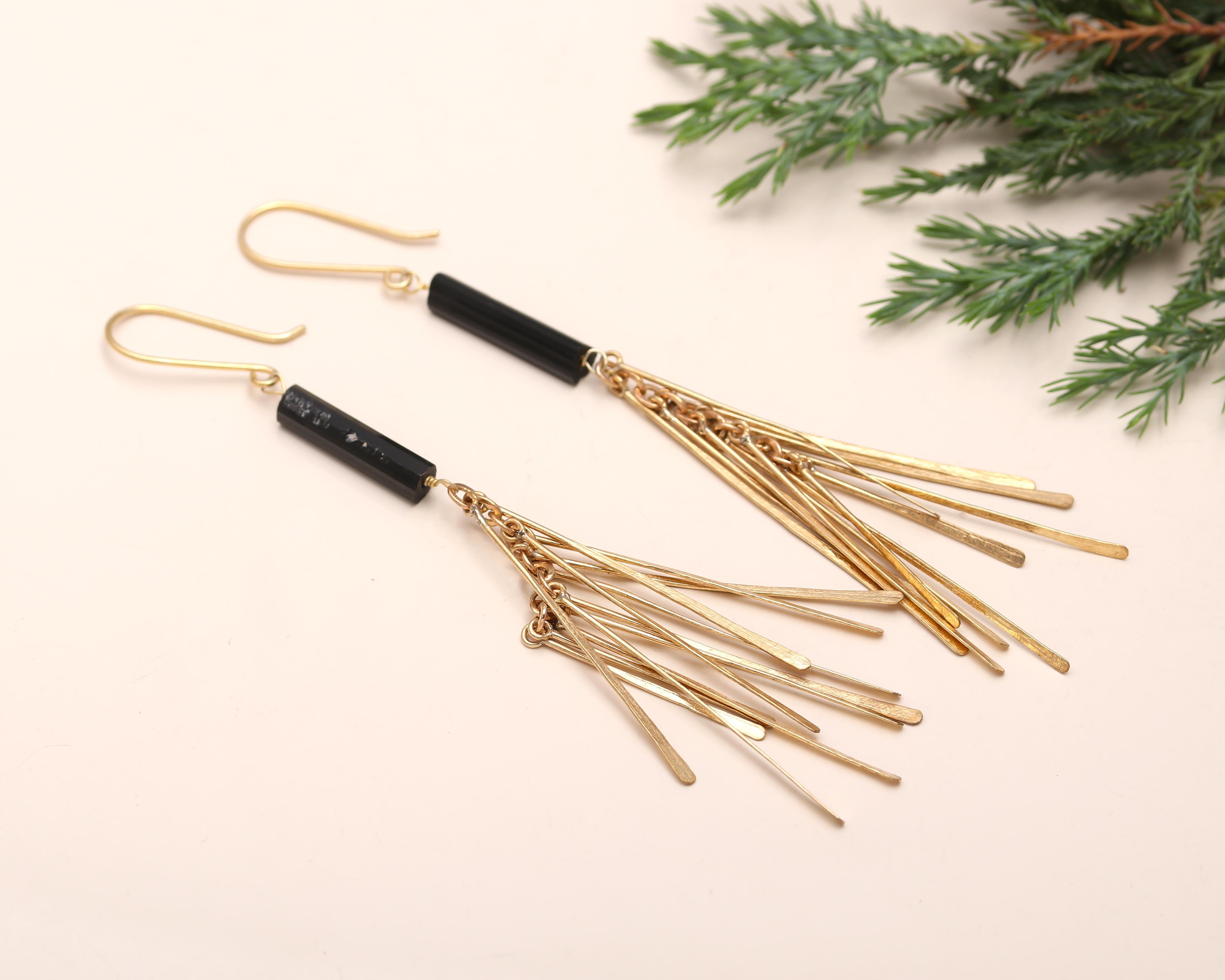 The Midnight Ray: Black Onyx & Gold Fringe Earrings