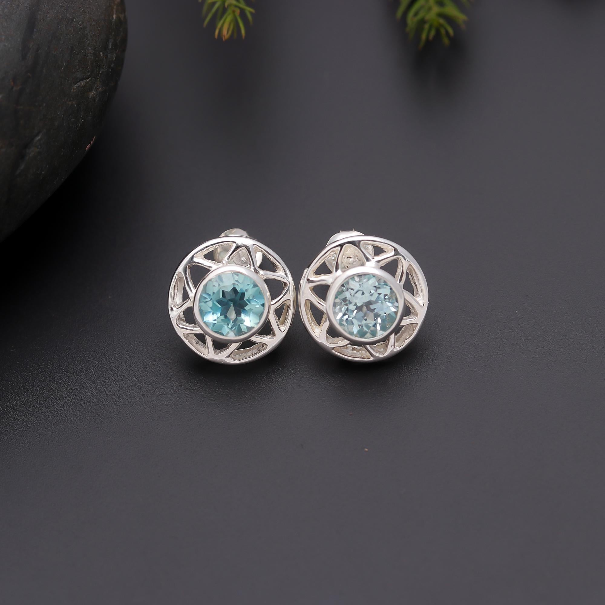 925 Silver Blue Topaz Filigree Stud Earrings