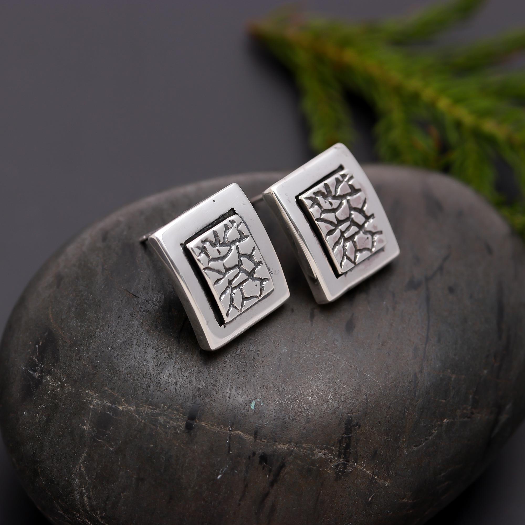 925 Silver Textured Square Stud Earrings