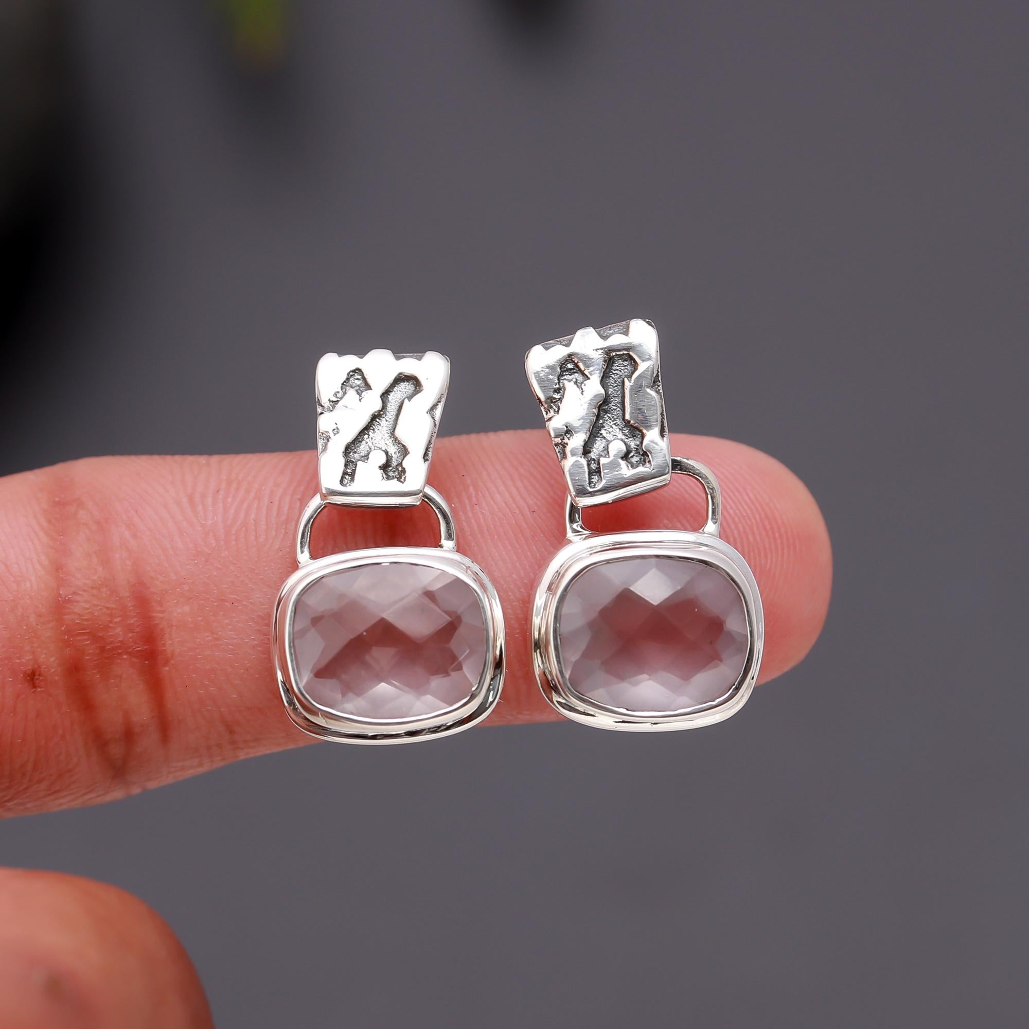 925 Silver Textured Top Rose Quartz Drop Earrings