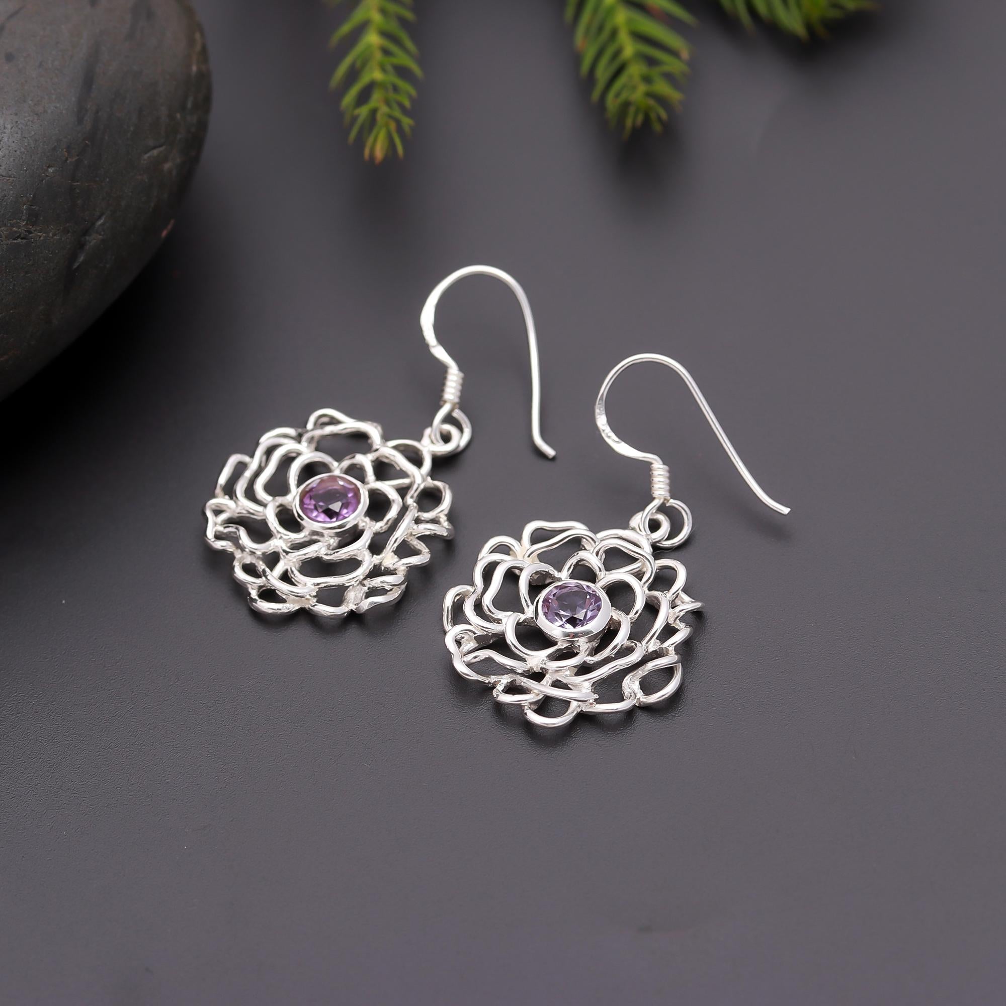 925 Silver Amethyst Flower Dangle Earrings