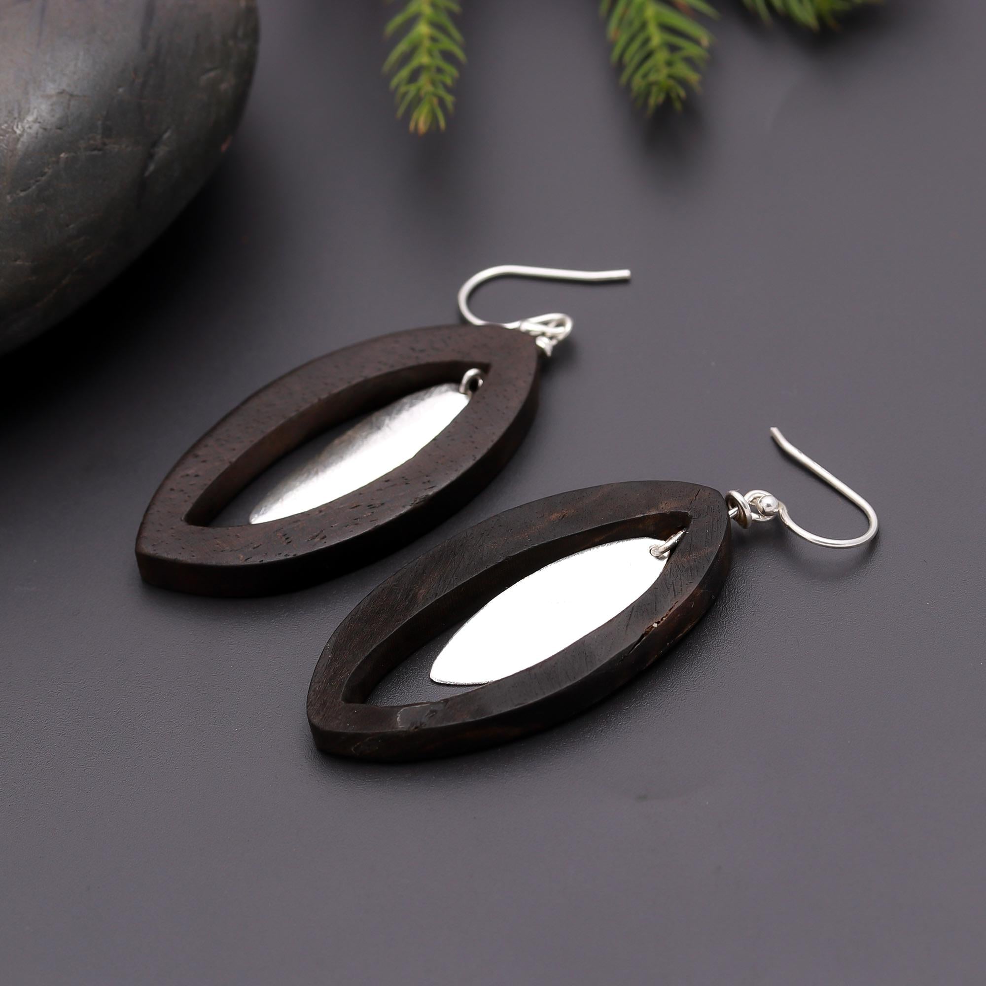 925 Silver and Wood Marquise Dangle Earrings