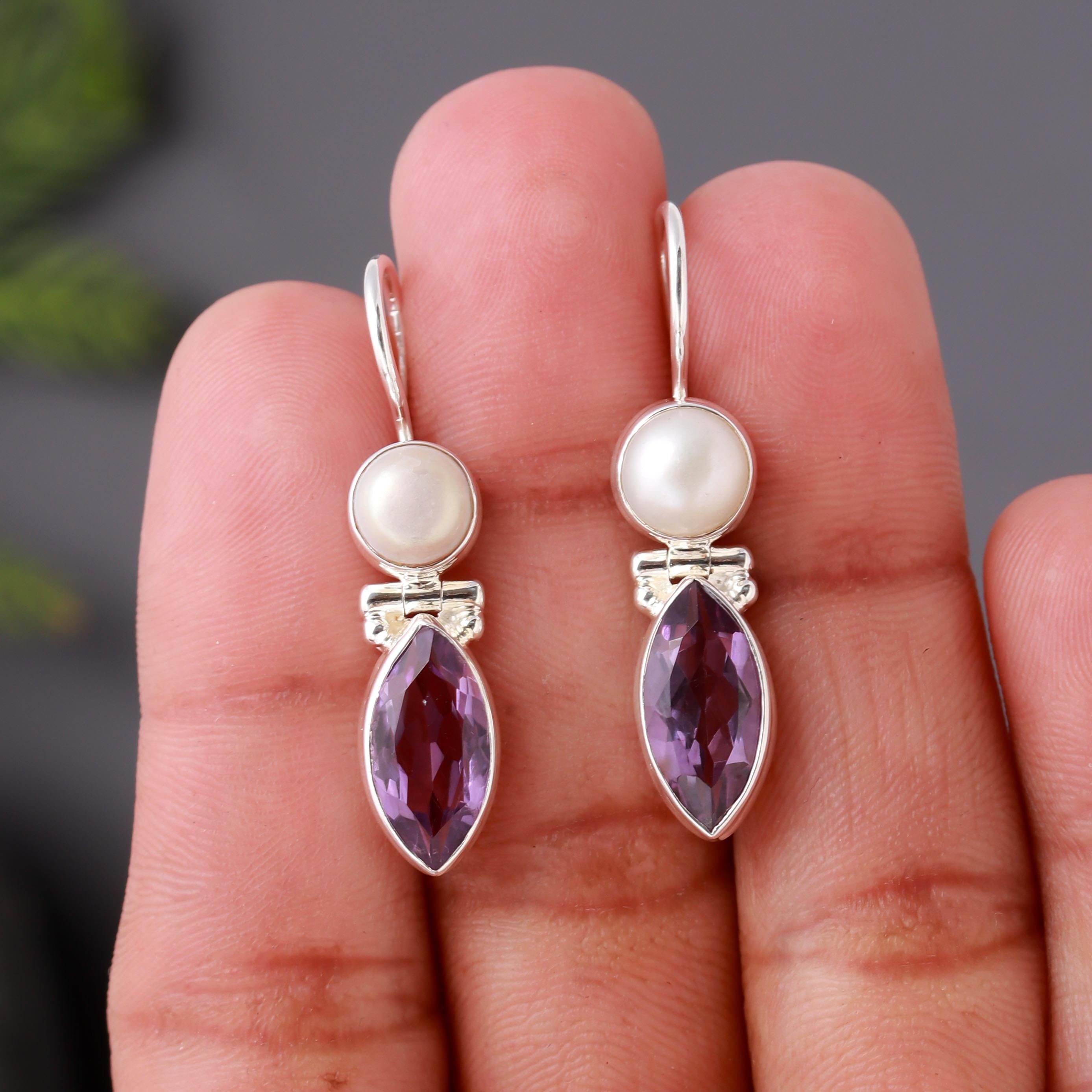 925 Silver Pearl and Amethyst Dangle Earrings