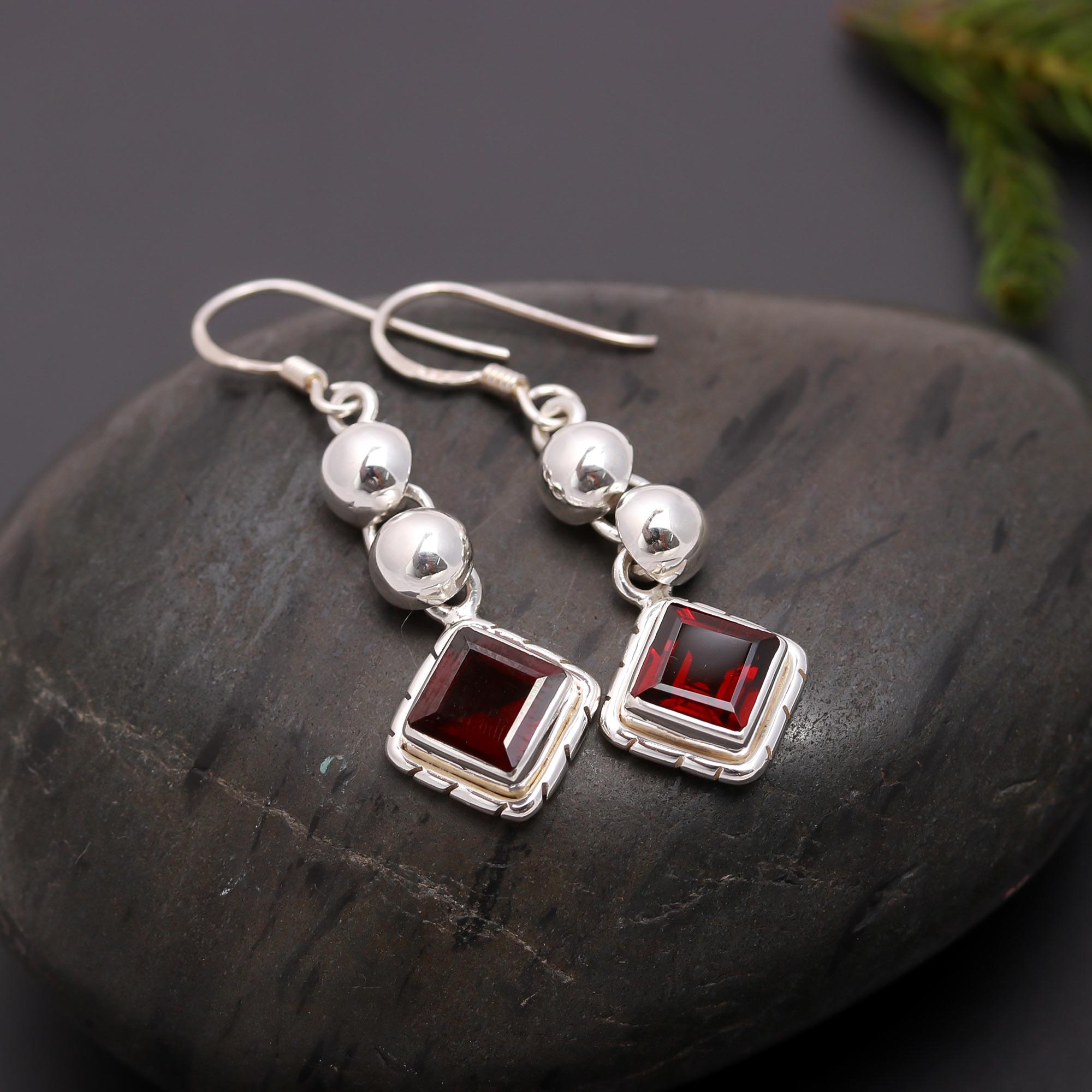925 Silver Beads Garnet Dangle Earrings