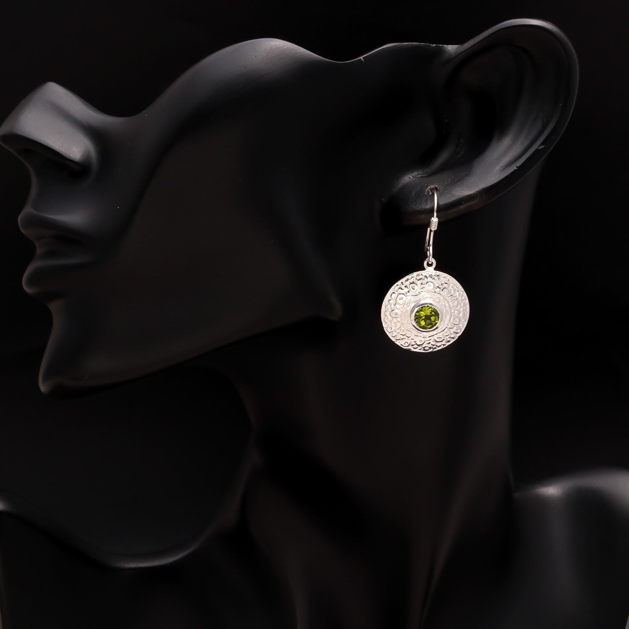 925 Silver Round Textured Peridot Dangle Earrings
