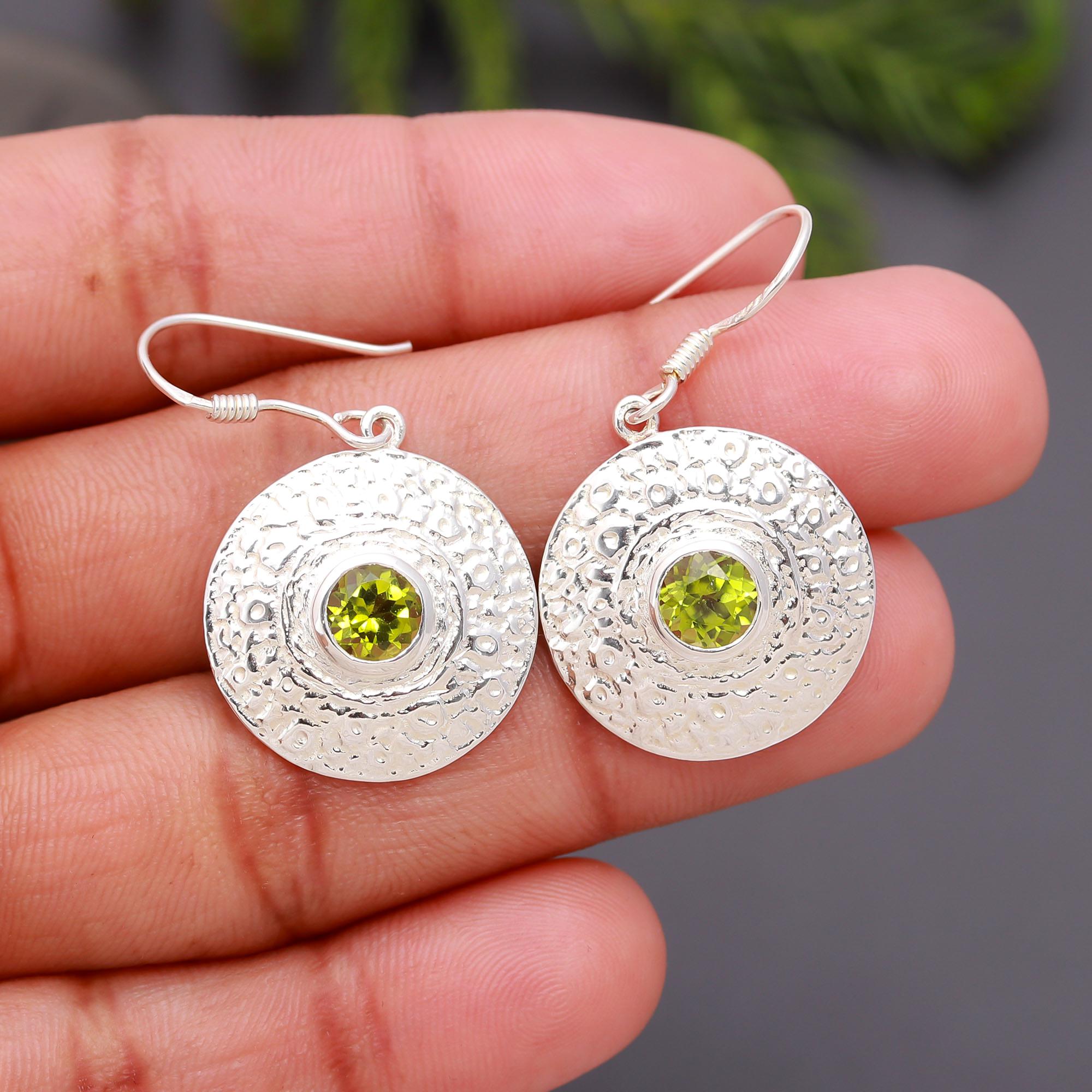925 Silver Round Textured Peridot Dangle Earrings