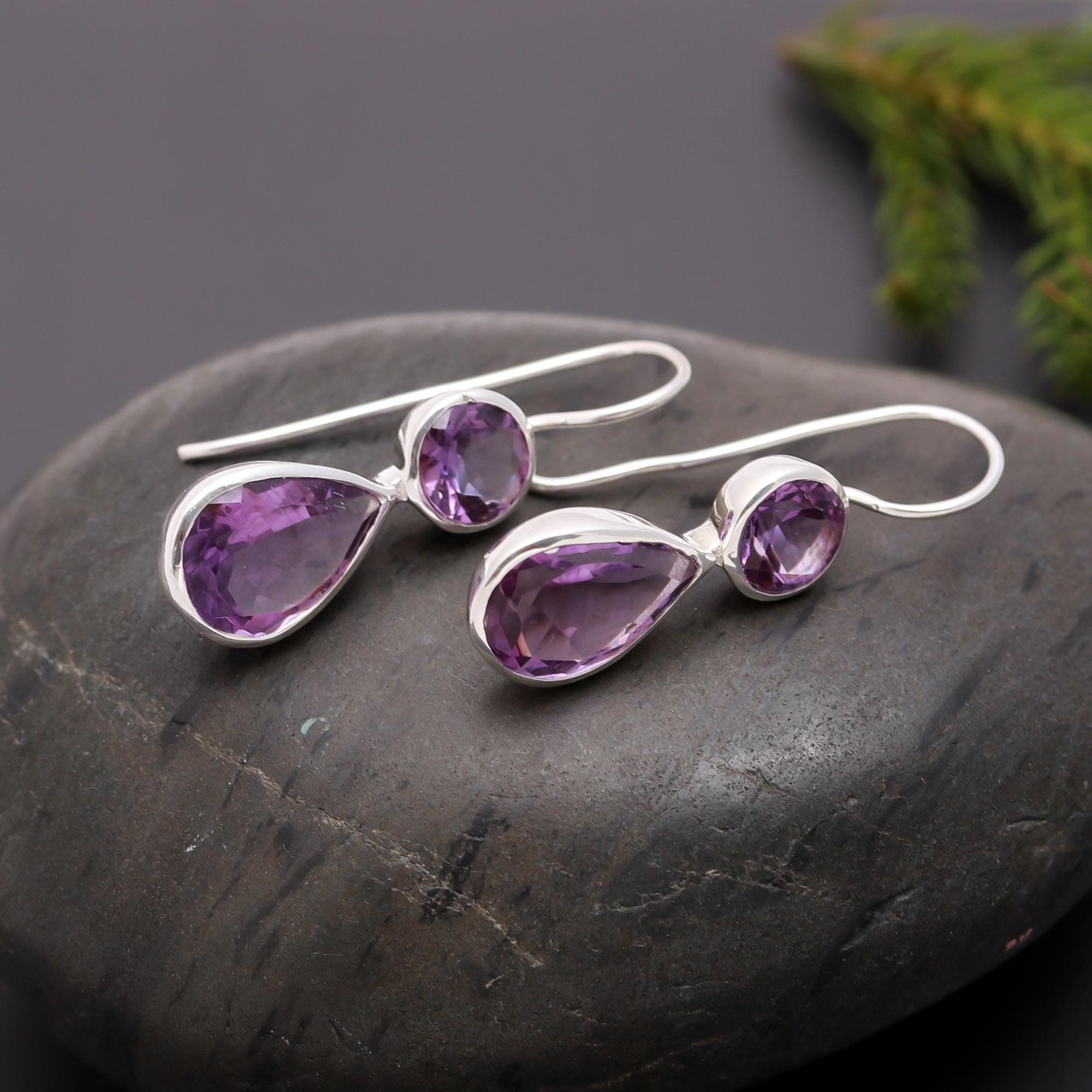 925 Silver Double Amethyst Dangle Earrings