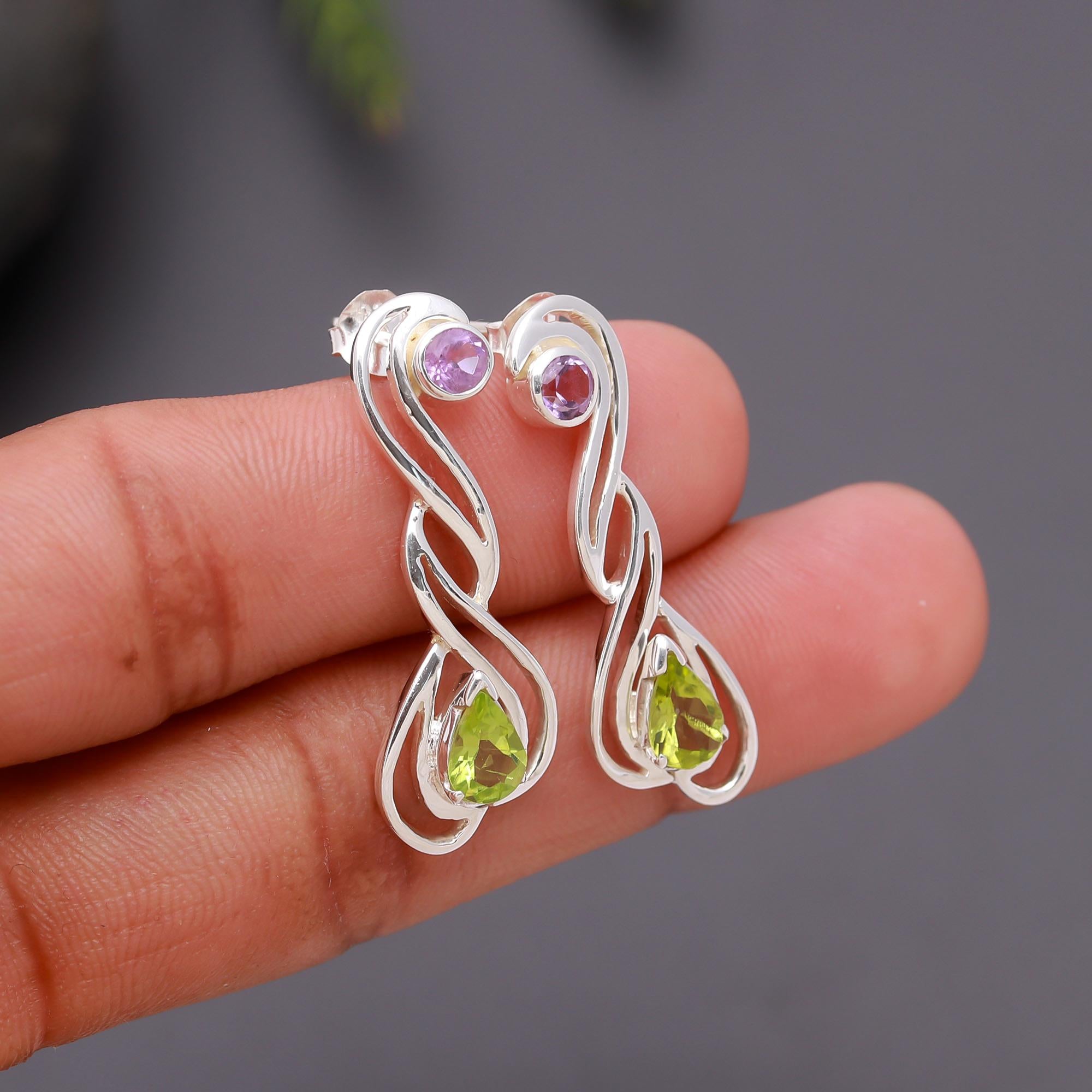 925 Silver Peridot and Amethyst Twist Drop Earrings