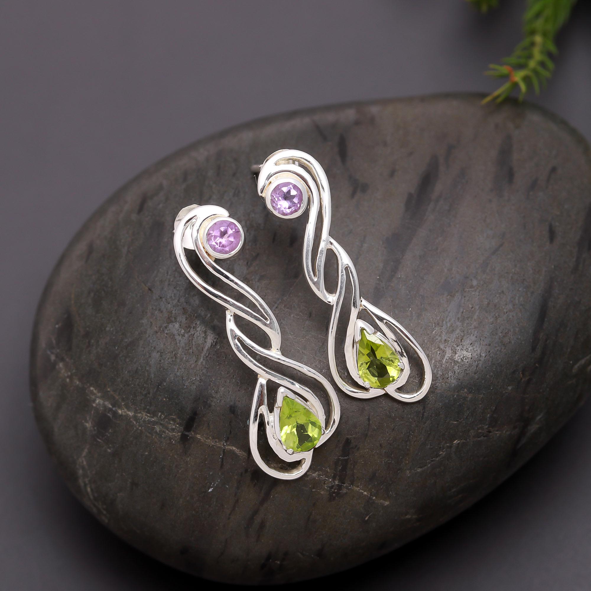 925 Silver Peridot and Amethyst Twist Drop Earrings
