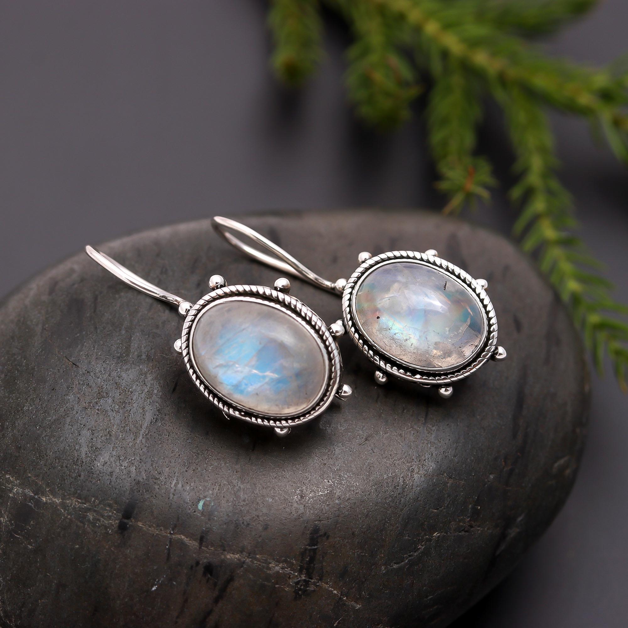 925 Silver Moonstone Beaded Frame Dangle Earrings