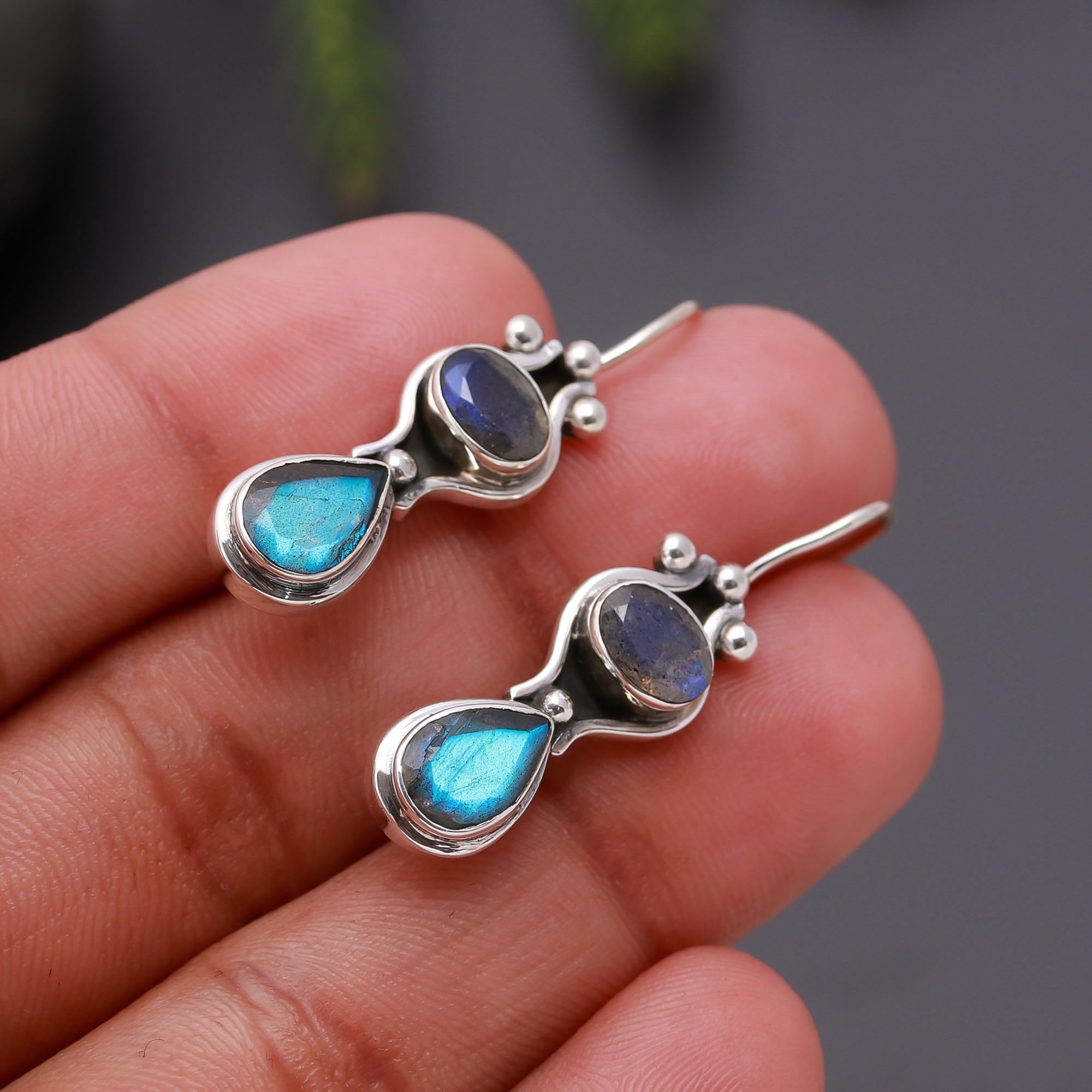 The Mystic Duo: Labradorite Silver Double Drop Earrings