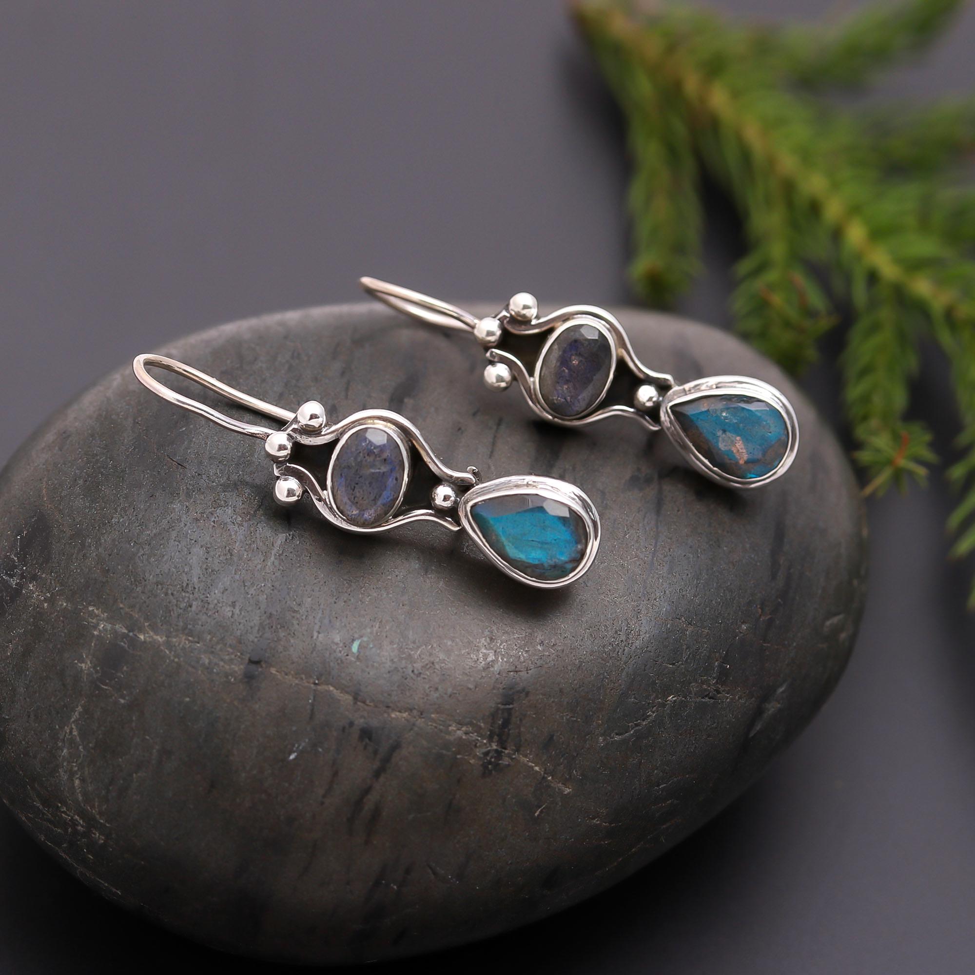 The Mystic Duo: Labradorite Silver Double Drop Earrings