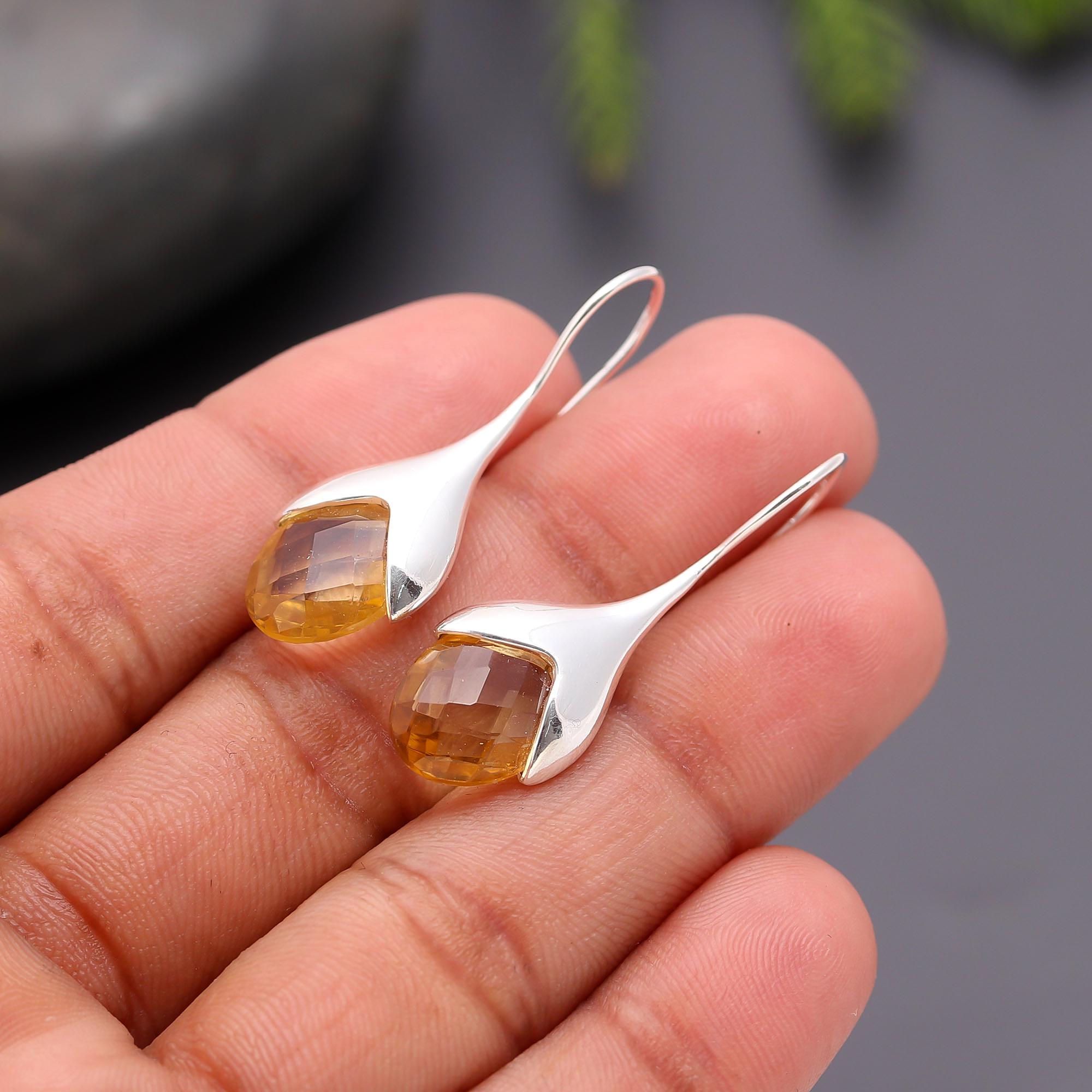 925 Silver Faceted Citrine Teardrop Earrings