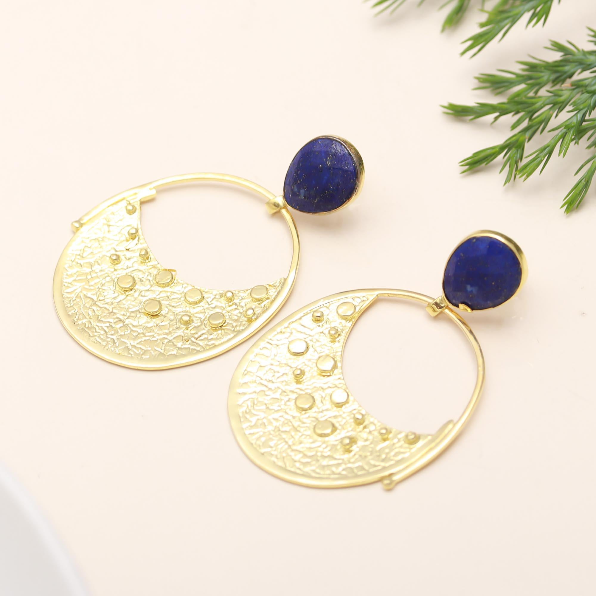 Lapis Stud Earrings in Brass Handmade