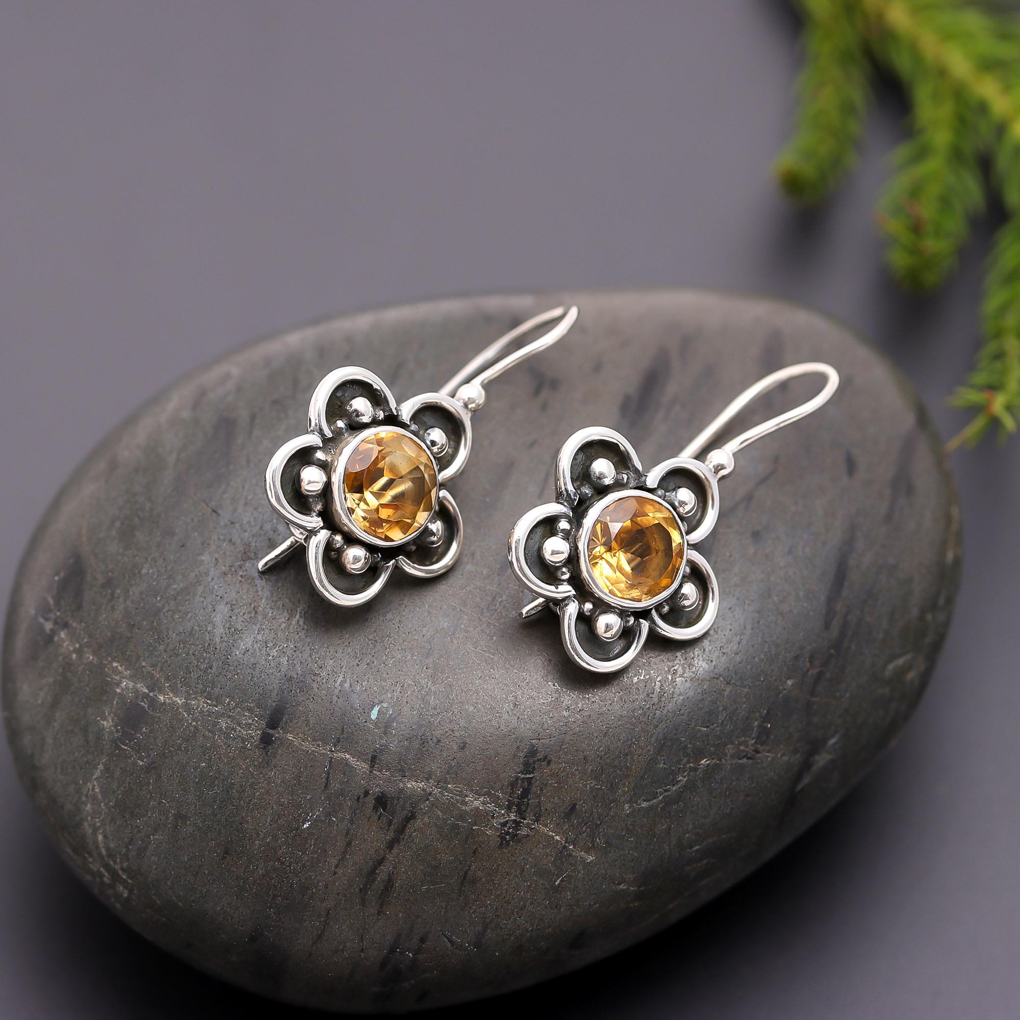 925 Silver Citrine Floral Dangle Earrings