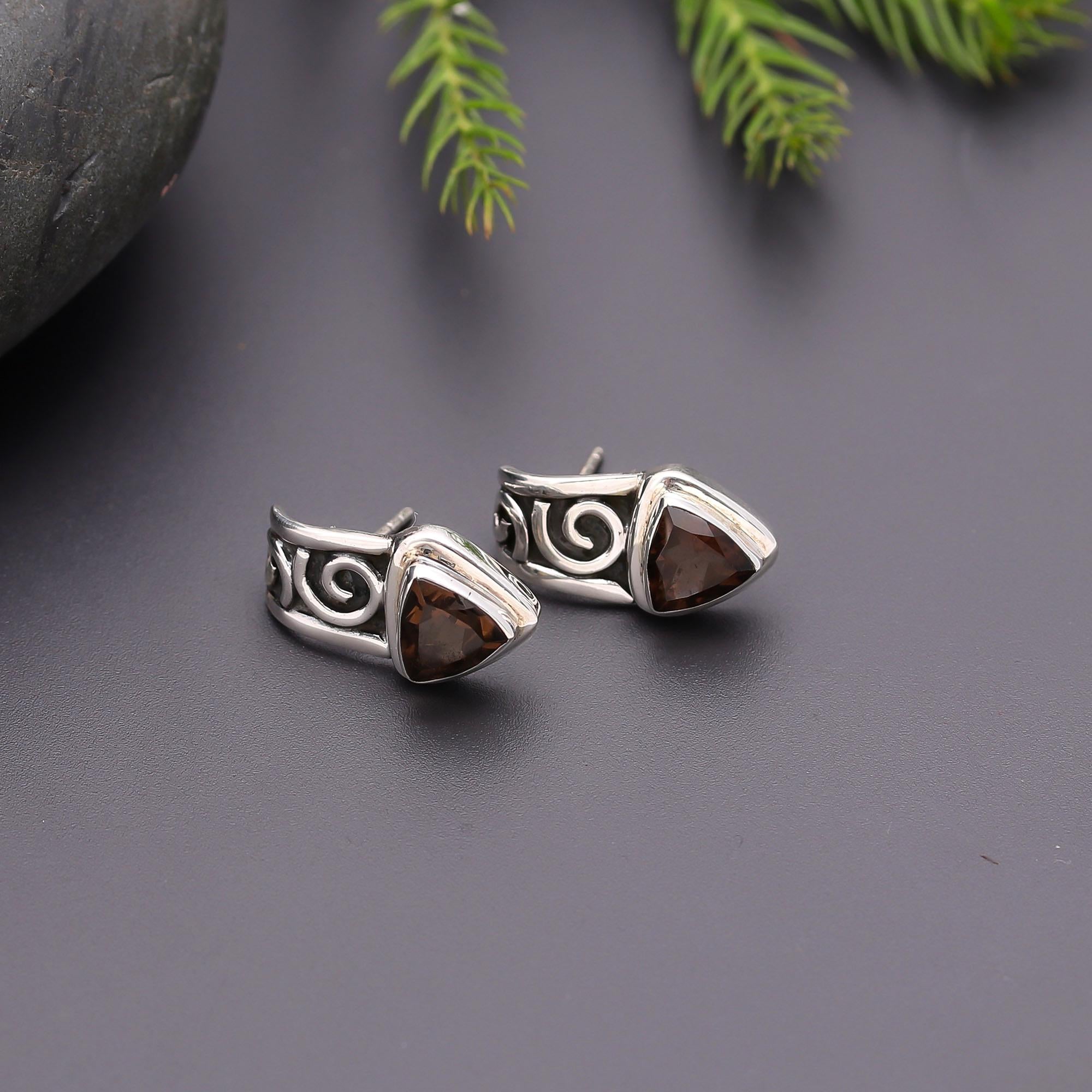 925 Silver Smoky Quartz Swirl Stud Earrings
