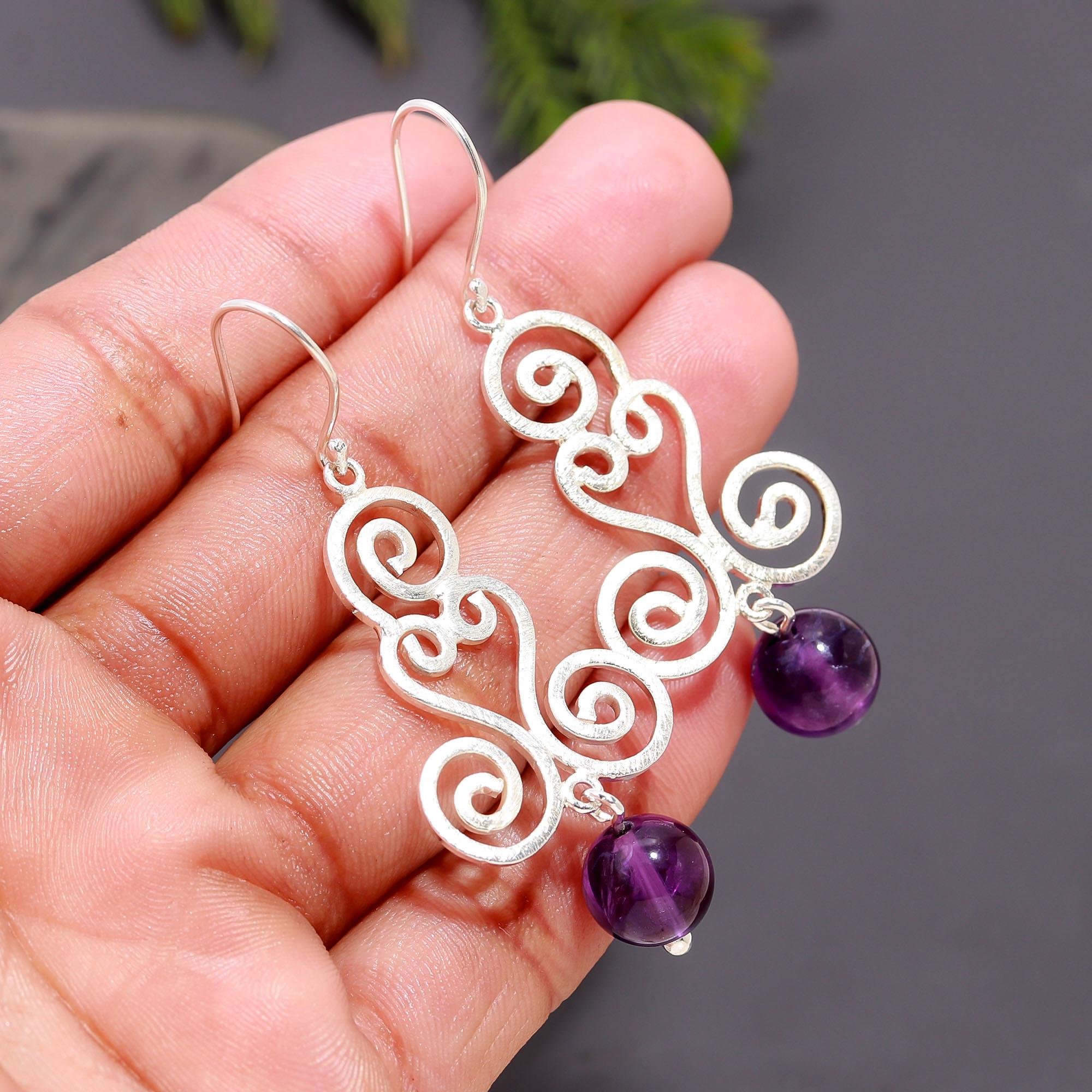 925 Silver Swirl Amethyst Bead Dangle Earrings